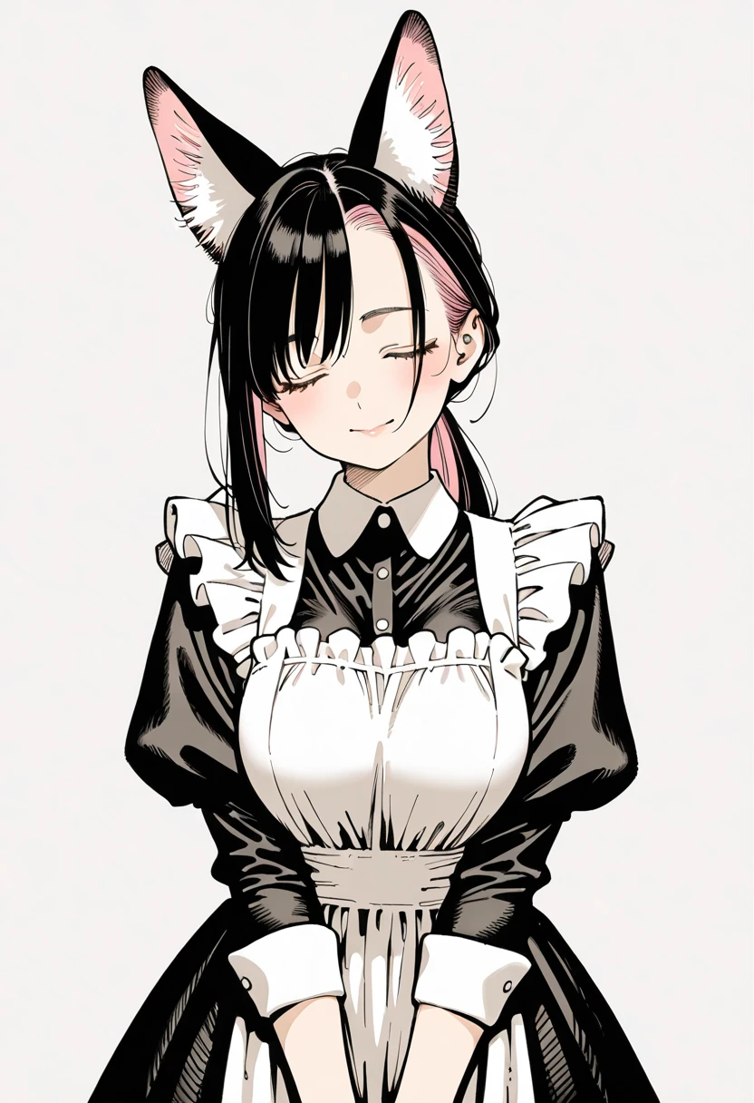 18-year-old boy，cute，Wear the maid outfit and a black work tie，Wear a maid hat，Wear cat ears，Wear black pants，Wear black booties，Wear white gloves，Black hair，Black eyes，blush，sweat，porn pose