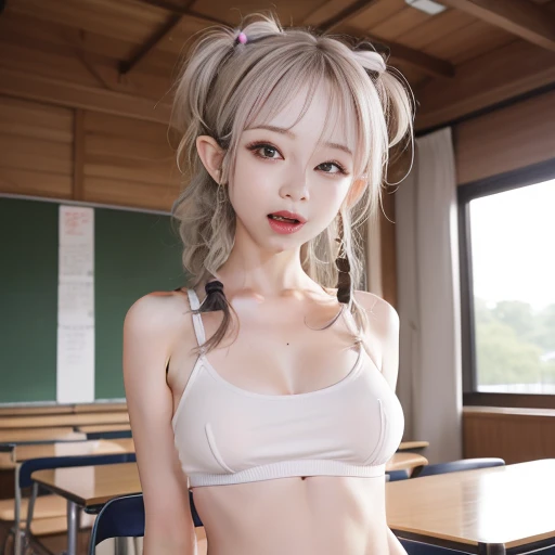 japanese girl, cute, (Highest quality), (Ultra-high resolution), (Realistic), ((classroom)), ultra detailed face, blonde hair, lipstick, eyeshadow, eyeliner, (abs:1.1), ((blushing cheek)), (drunk), (tanned skin), Beautiful face in every detail, high school student,