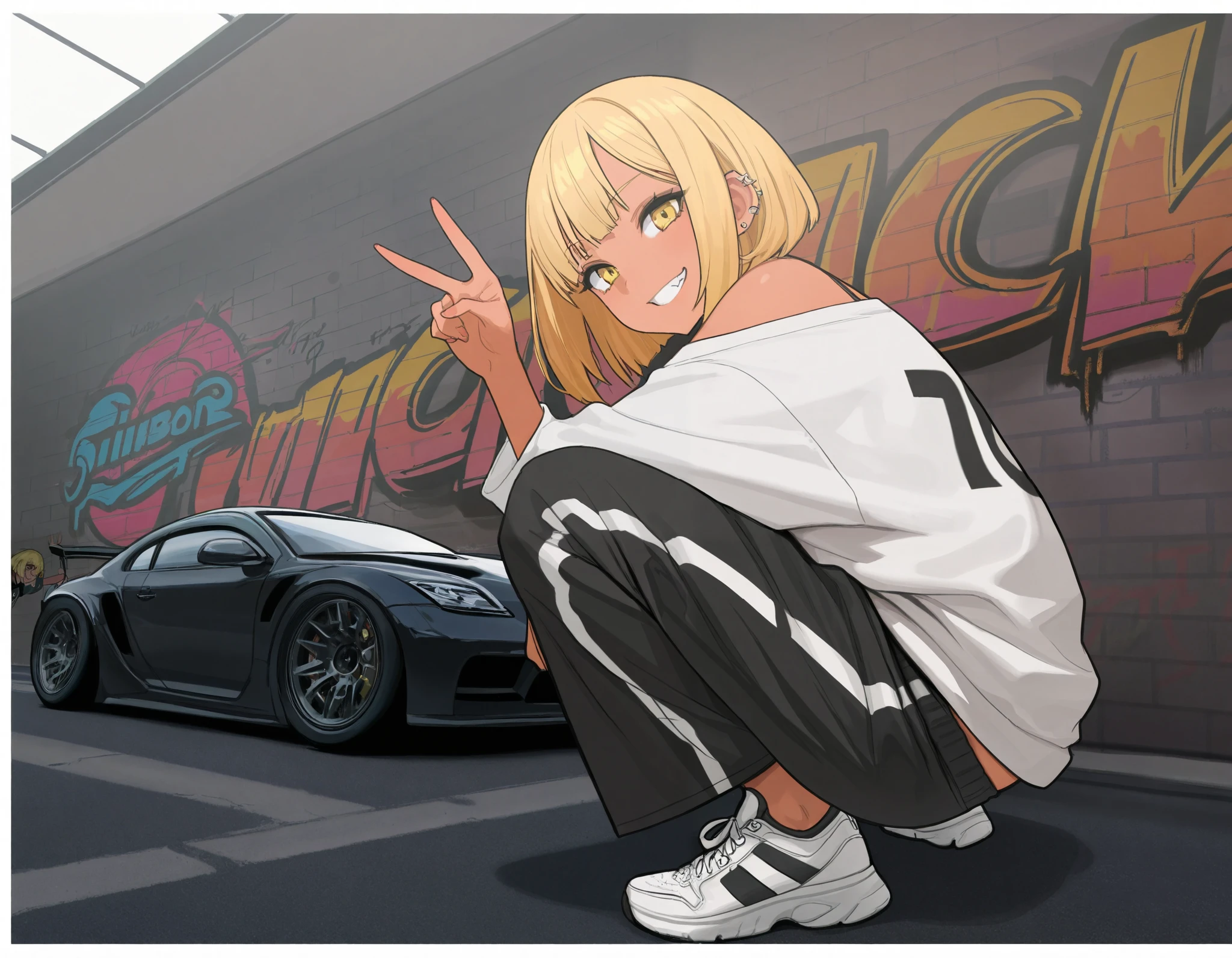 (best quality, highest quality:1.2), masterpiece, top quality, ultra high definition, rich contrasts, HD,8k, High Definition CG Unit Wallpaper, texture , Unbelievably Absurd, ultra high definition, RAW photos ,Deep border 1 .2, very detailed, back alley, graffiti wall, stylish pose, ceiling, from side:1.2, squatting,
bimbo, cute, streetwear, oversized Lower pants, street style, sneakers, single V, There are many piercings,
glamorous, grin, fang, yellow eyes, blonde bob hair, tan, behind her a cars,