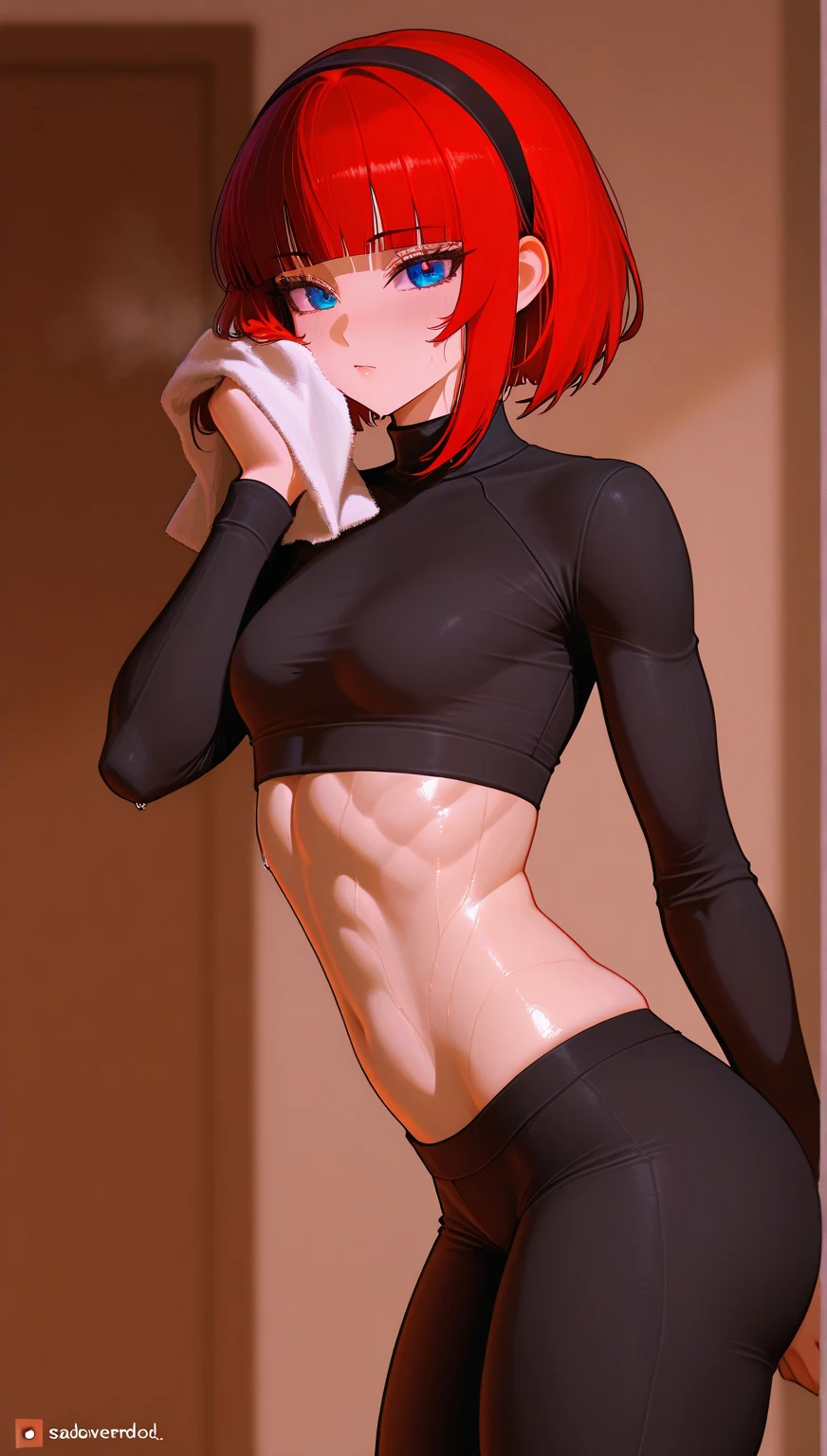 ((Perfect Anatomy:1.2,Realistic,:1.3,Raw photo:1.3,masterpiece、highest quality、Ultra - High resolution、High resolution、Extremely detailed CG、8k)),Browsing Caution,Cowboy Shot,1 female,alone,20-year-old,The Beauty of Japan,Beautiful and exquisite face and eyes,Big and beautiful eyes,Grey Eyes,(Redhead,Short Bob Hair,bangs), (Slender body,Small Head:1.4, skinny、Small breasts), Glowing Skin,Oily skin,Sweat:1.5,(Black tank top,Crop top、belly button、Red panties,Love Juice:1.5,Wet crotch:1.5),squat,((Hands touching the crotch:1.5, Female masturbation))、Spread your legs:1.5,Ancient Capital、Fantasy,Medieval Europe、Natural light、Tanga、