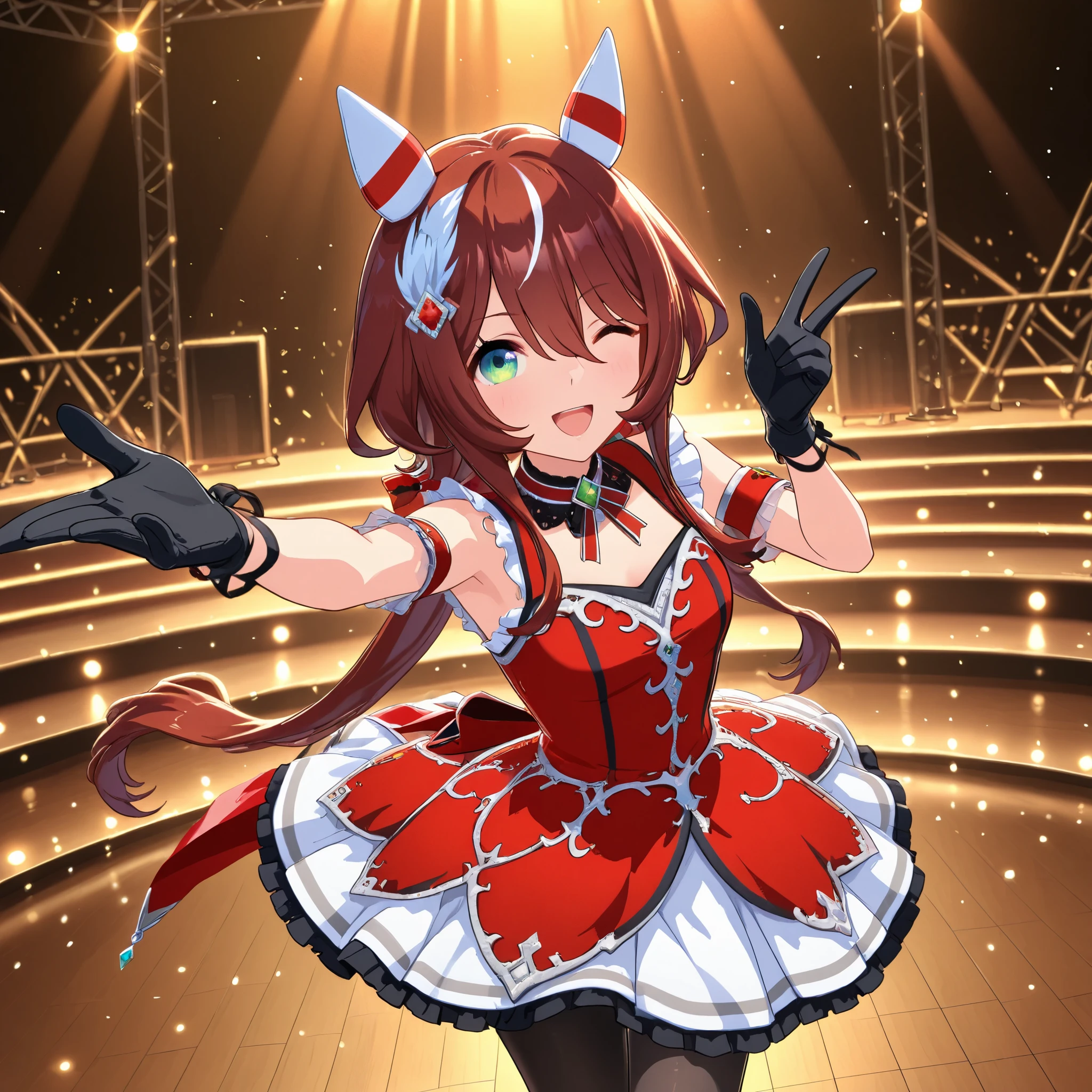anime, stage, happy, sing, 1girl, wink, dance, Win Variation\(umamusume\), sleeveless dress, black gloves, black pantyhose, white skirt, ear ornament, red dress, hair ornament, ear covers