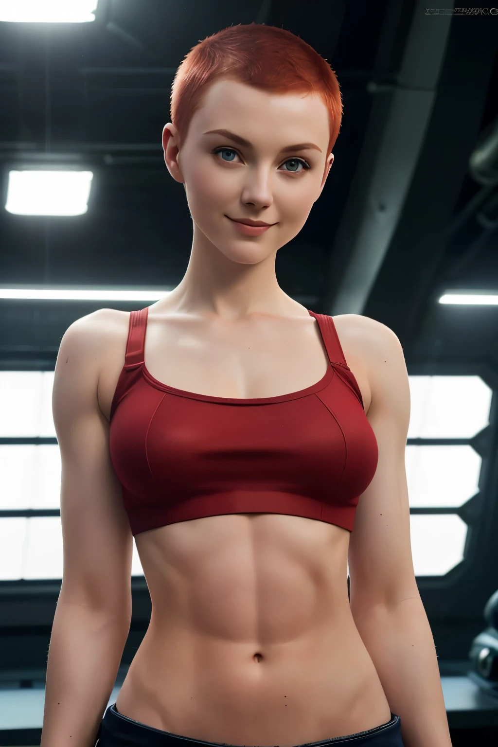 slim feminine figure, redhead, freckles, best quality, realistic skin texture, photography, detailed facial features, film grain texture and high contrast, extremely high-resolution details, photographic, photorealistic, hyper-realistic, HDR, masterpiece, ((short pixie hair)), wearing a taekwondo outfit, doing a high kick move, inside a gymhall