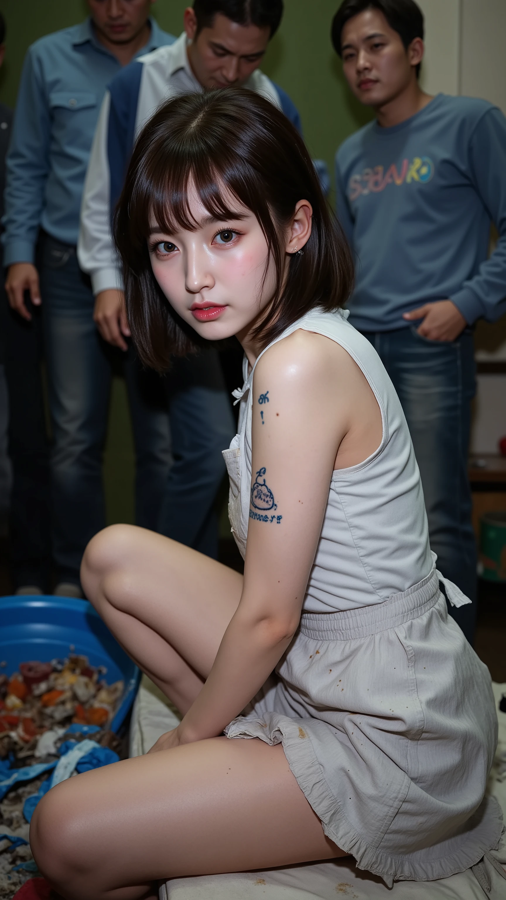 NSFW,
Realistic, photojournalism, documentary technique,
Hasselblad, 35mm Carl Zweiss lens, high resolution,
(full body visible :1.5),

Looking at the camera and looking a little surprised,

Young Korean girl,  
she is after sex,
She is Arin, the youngest member of the idol group "OH MY GIRL",
bangs,
She is in her early s,
Big round brown eyes,
She has very white skin,
She has dark brown hair,
Her legs are a little chubby,
Her thighs are plump and firm,
she wearing idol short sleaveless dress,
Her clothes are old and very dirty,
Very dirty,
She has a tattoo that says "slutty ARIN",
She has a tattoo of a picture of a poop,
she has Intangible limbs,

She lives in the slums and is very dirty,
She looks unhealthy,
She has a lot of warts, 
She has an infectious disease,
She has a lot of scars,
Her clothes have a lot of stains,
Some of the stains are black, some are yellow, some are red,
Her clothes are torn in places,
She is surrounded by three middle-aged men looking down on her,

At night, 
she is in a cheap brothel room in the slums,
The room is dark and dirty,
Dirty mattress,
Bare light bulb,
The room is full of garbage,
A blue plastic bucket filled with filth,
She tells the man who comes in that she will do any kind of sex,
She can be bought for next to nothing,
She is garbage,