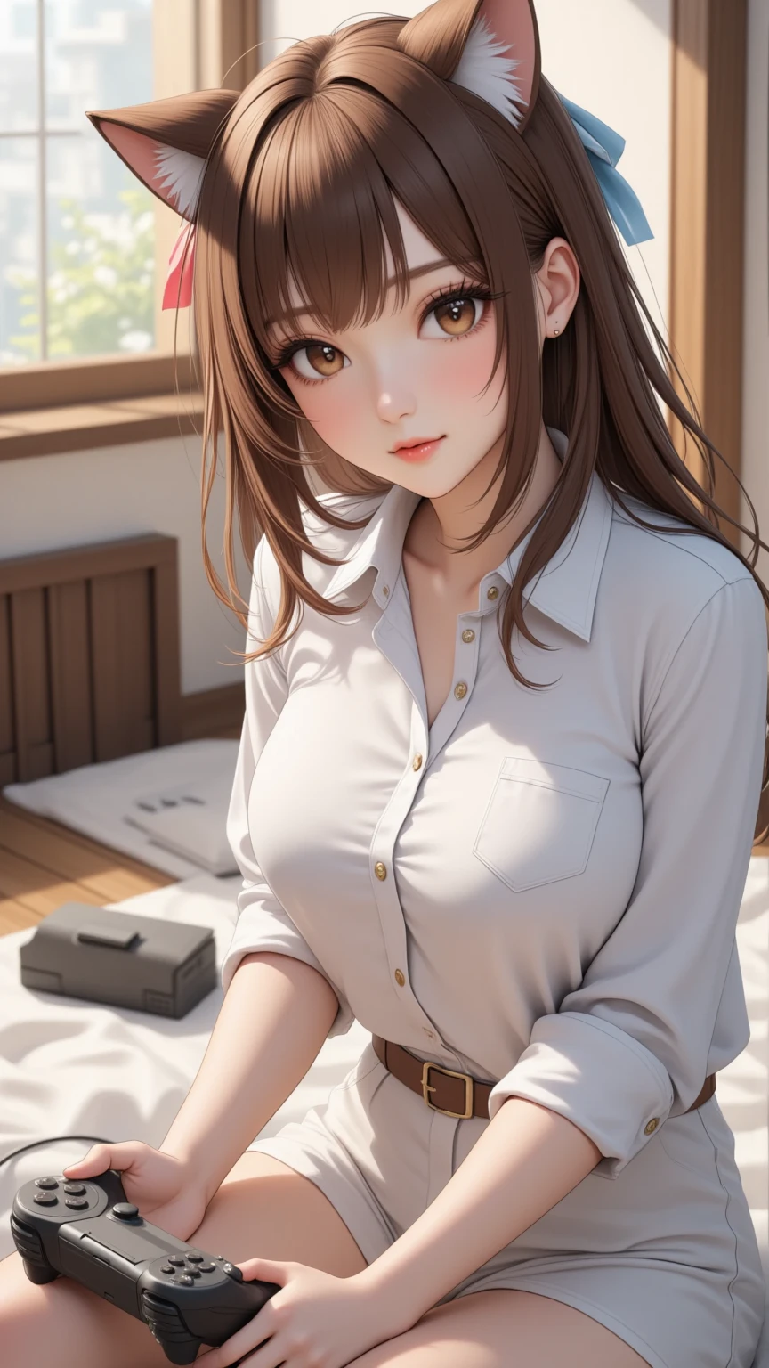 ultra high definition, best quality, masterpiece, highres, artstation, concept art, smooth, sharp focus, illustration, a girl in school, brown hair, green eyes, wide eyes, (small breast), (small hips), (small ass), (small girl), long skirt, white top, classroom, ((she smokes a cigarette)), (((we see her from above))), sexy pose, provocative pose