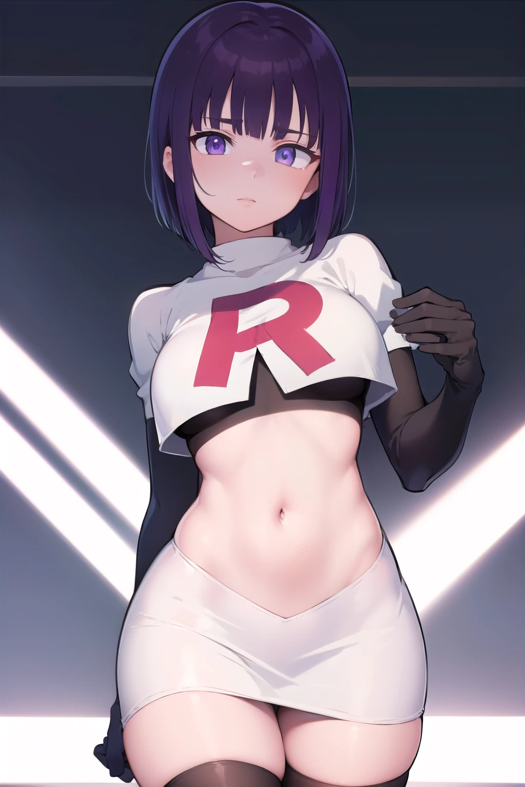 (extremely detailed CG), (best quality), perfect face, shiny skin, lustrous skin,wide hips,  narrow waist,  1girl,solo ,     DotPoke, hair over one eye, purple eyes,short hair, multicolored hair, pink hair, purple hairhair over eyes, team rocket,team rocket uniform,white skirt,red letter R,crop top,black thigh-highs,black elbow gloves,