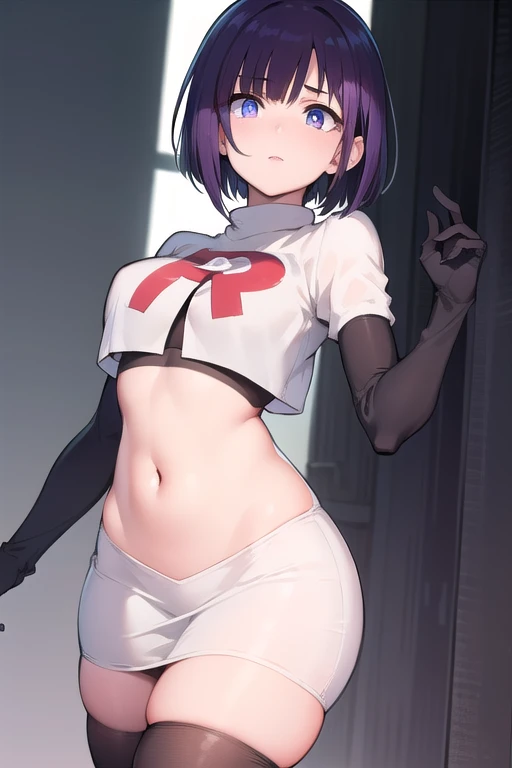 absurdres, cowboy shot, solo, male focus, trap, 1boy, crossdressing,1boy, oma kokichi, team rocket,team rocket uniform,white skirt,red letter R,crop top,black thigh-highs,black elbow gloves,
