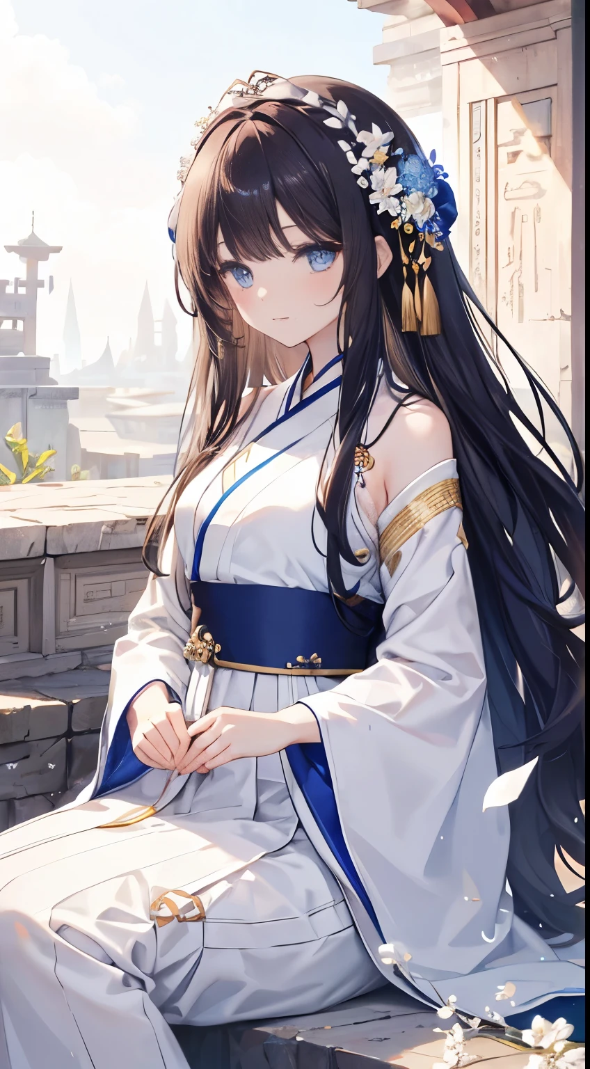 dark hair , blue eyes,Ancient hair accessories, long hair,White Hanfu long skirt,Brown petals,Queen'skirt, ,Ishtar(), big boobs ,Palace Background