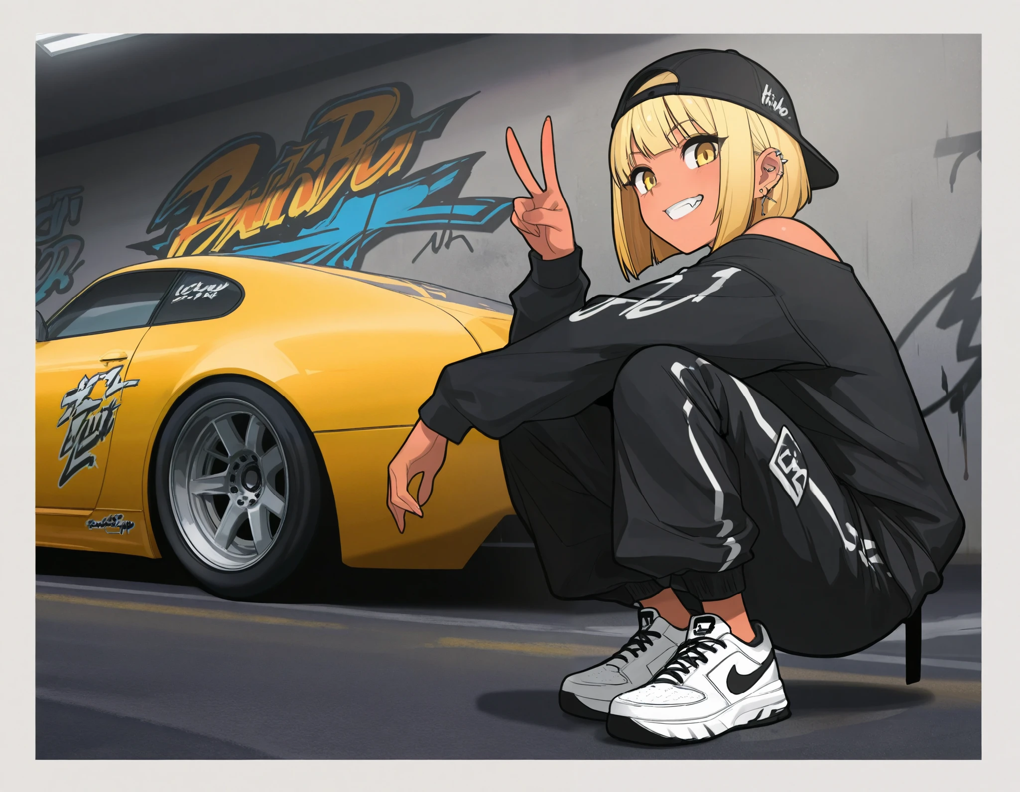 (best quality, highest quality:1.2), masterpiece, top quality, ultra high definition, rich contrasts, HD,8k, High Definition CG Unit Wallpaper, texture , Unbelievably Absurd, ultra high definition, RAW photos ,Deep border 1 .2, very detailed, back alley, graffiti wall, stylish pose, ceiling, from side:1.2, squatting,
bimbo, cute, streetwear, oversized Lower pants, street style, sneakers, single V, There are many piercings, street cap,
glamorous, grin, fang, yellow eyes, blonde bob hair, tan, behind her a cars,