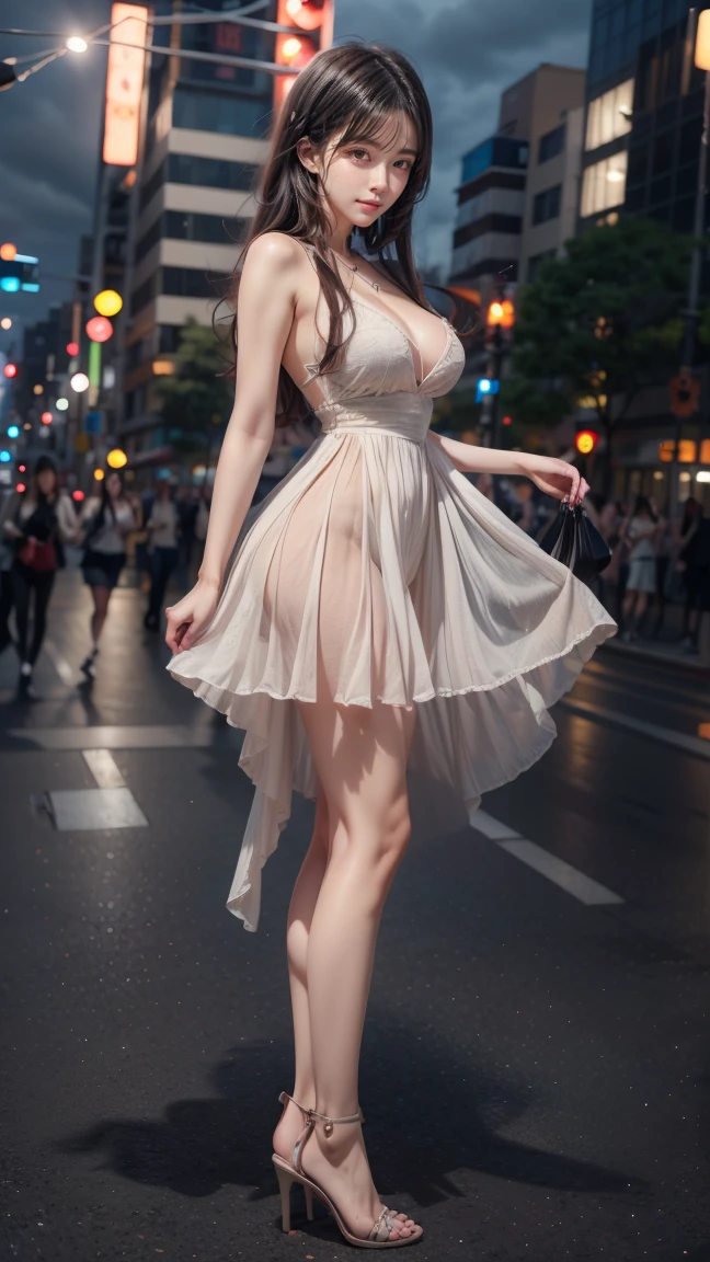 (visible chest can be seen through the clothes) (pink (transparent) open-chest shirt) (pink (transparent) open-chested shirt) 17-year-old schoolgirl, (full), (pink (transparent) open-chest shirt), (visible chest can be seen through the clothes) (fleshy), chest can be exposed, white miniskirt, panties can be seen, street in the background, traffic, perfect body, delicate facial features, pink curly hair, transparent suspenders, legs open, feminine sexy pose, full body portrait, perfect hands
