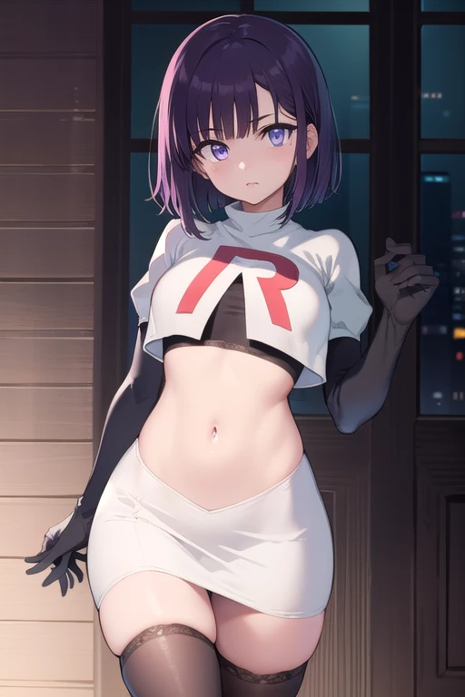best quality, masterpiece, highres, solo, {haruka_bluearchive:1.15}, purple_hair, bangs, hair_between_eyes, purple_eyes, hair_ornament, halo, blush, hairclip, hat, garrison_cap, 1girl,looking_at_viewer, military, military_hat, medium_hair, team rocket,team rocket uniform, red letter R, white skirt,white crop top,black thigh-highs, black elbow gloves,