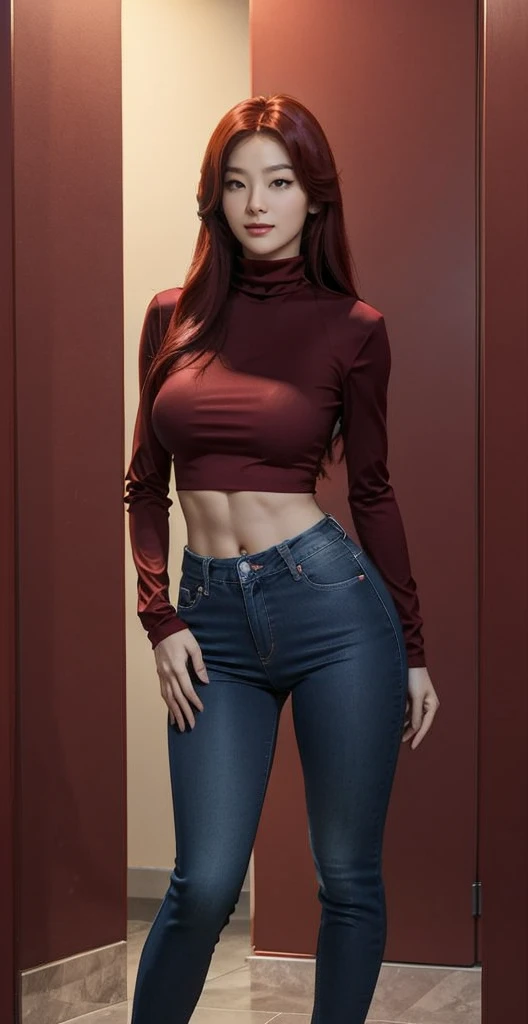 redhead woman, curly hair, sexy jeans, low waist, showing slim waist, public places