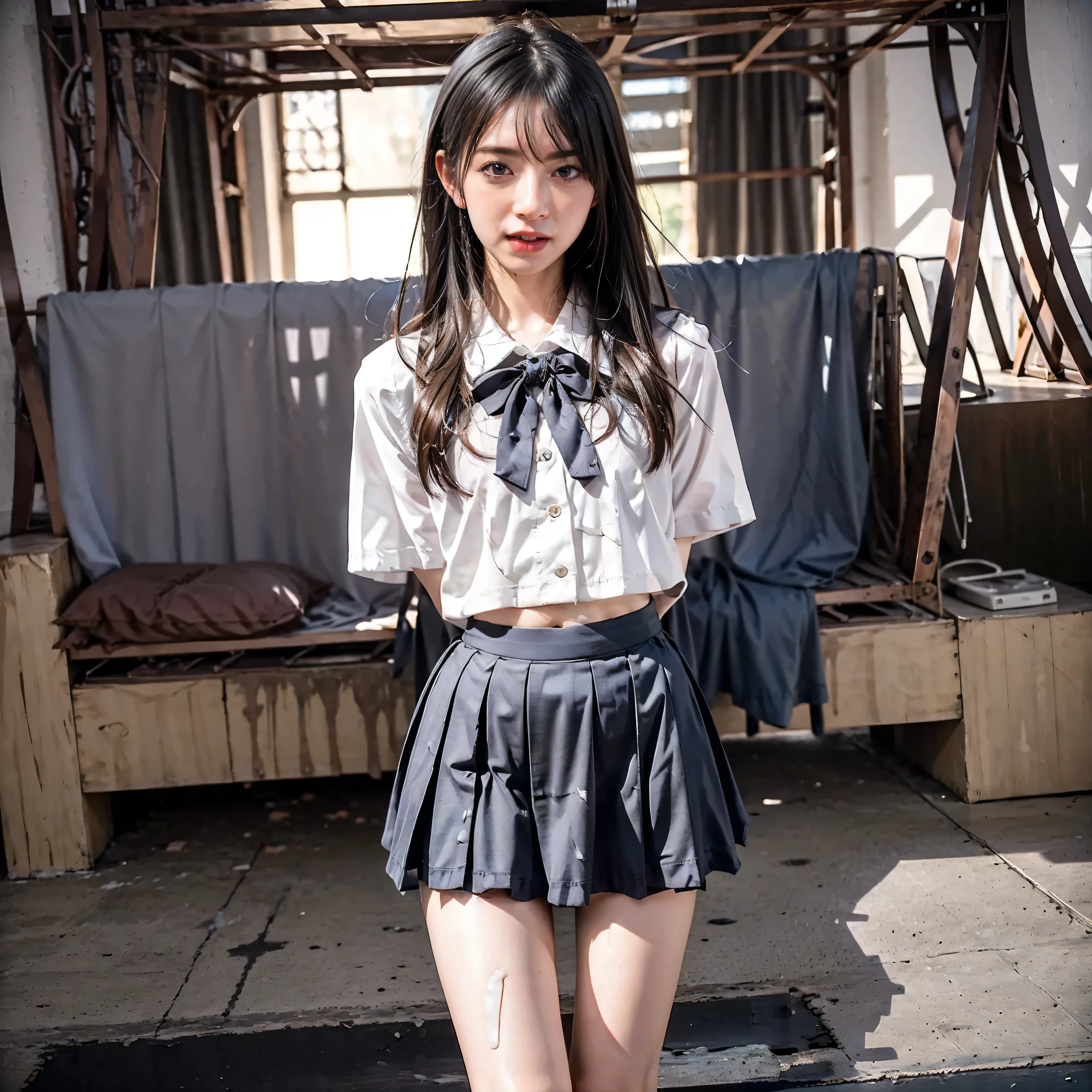 arafed asian woman in a skirt and a white shirt posing for a picture, japanese school uniform, japanese girl school uniform, wearing japanese school uniform, cute schoolgirl, jk uniform, beautiful anime high school girl, Wear loafers, Open belly button, Open belly, See the belly, low waist mini skirt, Skirt open,Skirt in half,Open Skirt,Not wearing underwear,No Panties,without underwear, wear black thigh high socks, bow, bowtie, long black hair straight, video, long foot, slender, young gravure idol, realistic young gravure idol, young pretty gravure idol, young skinny gravure idol, japanese model, 1 person, from the front, Full body standing pose, cum on face, cupping hands, cum on hands, cum on pussy, mouth full of cum, man, gay, cum swapping, excessive cum, JK_style, mouth full of cum, cumdrip, after sex, after vaginal, amateur, flash photo, dark background, cum on clothes, ノースリーブ, real, photorealistic, skirt, デビルメイク,