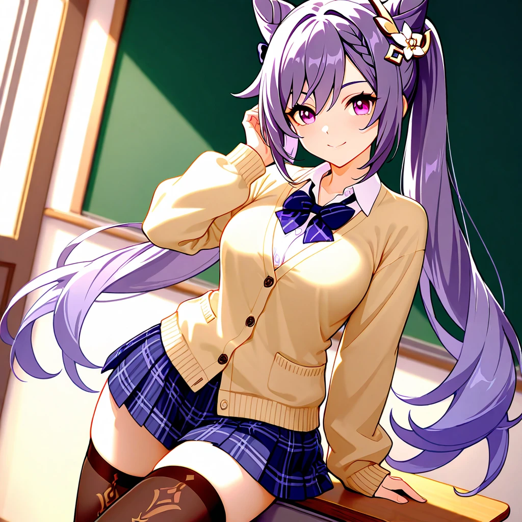 2 girls,((There is a five-pointed star in the eye))Gorgeous Hair in Long Purple,Smile,Open mouth,Inches,Unfasten the buttons,nedium breasts,Blushlush,Cat ears,Classroom,classroom desk,all fours,white stockings,((Be red in the face))