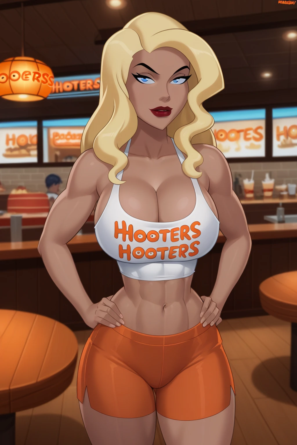 <lora:HootersV1:0.8> hooters, <lora:th3p1t_b:0.65> th3p1t, <lora:bootyshake:0.3> bootyshake, young fit woman, 1girl, head, hair, full body, (massive breasts:1.2), (gigantic breasts:1.2), (perfect hands), (small waist:1.1), choker, (thick thighs:1.1)