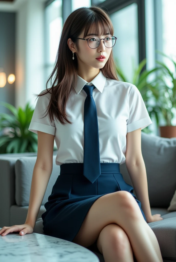 1girls,Sit on a comfortable sofa....,Open your legs...,Wear glasses,Thai School Uniform,