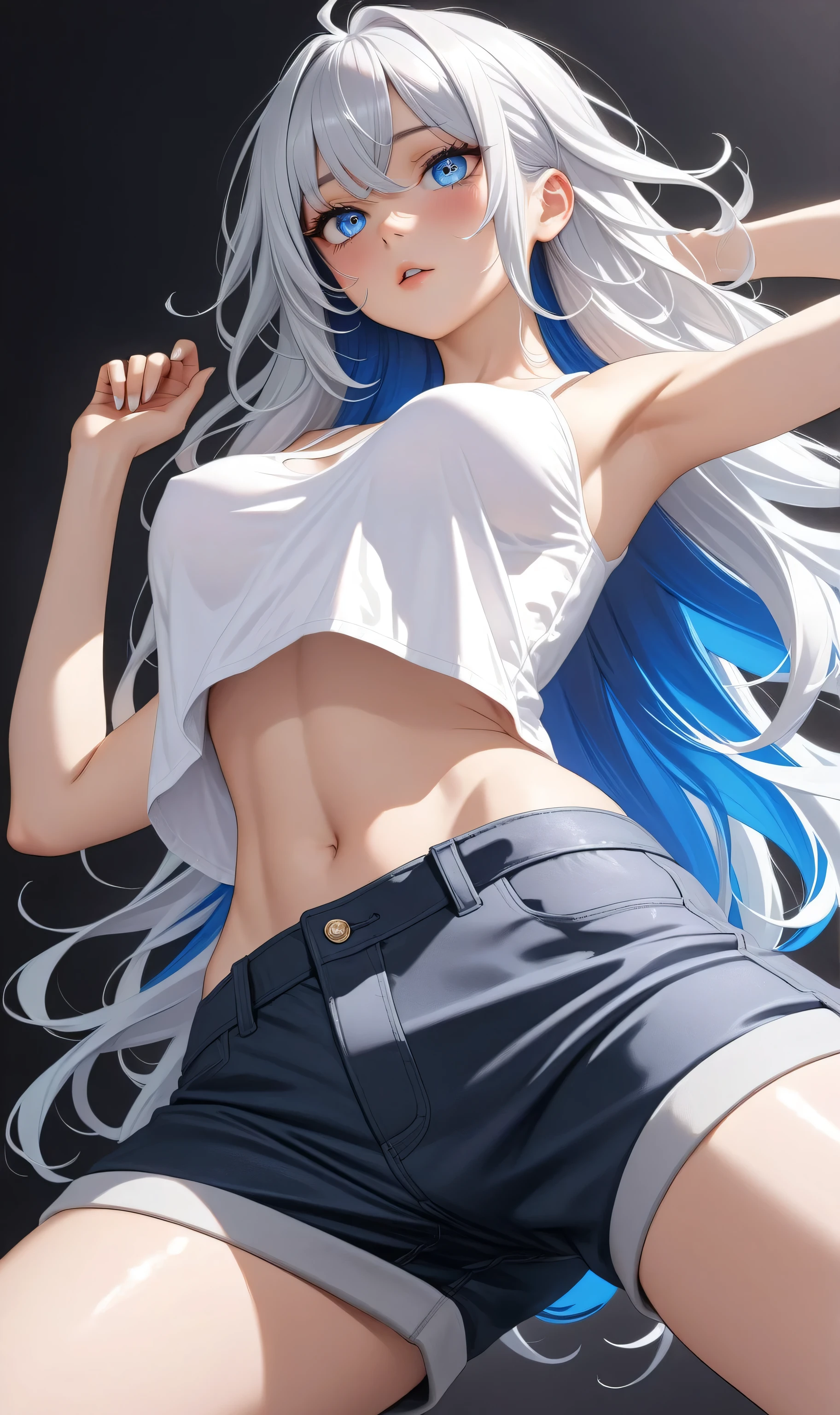 ((Random porn pose)), (Mastepiece), ((Ultra detailing)), (very aesthetic, best quality, ultra detailed), intricate details, 1girl, silver hair, Messy hair, Blue inner hair ,(Silver eyes),((Detailed eyes)), ((Beautifull eyes)), ((prefect eyes)), long hair, Medium breasts, Blush, medium breast, crop top overhang, midriff, white camisole, Short pants, Low angle view