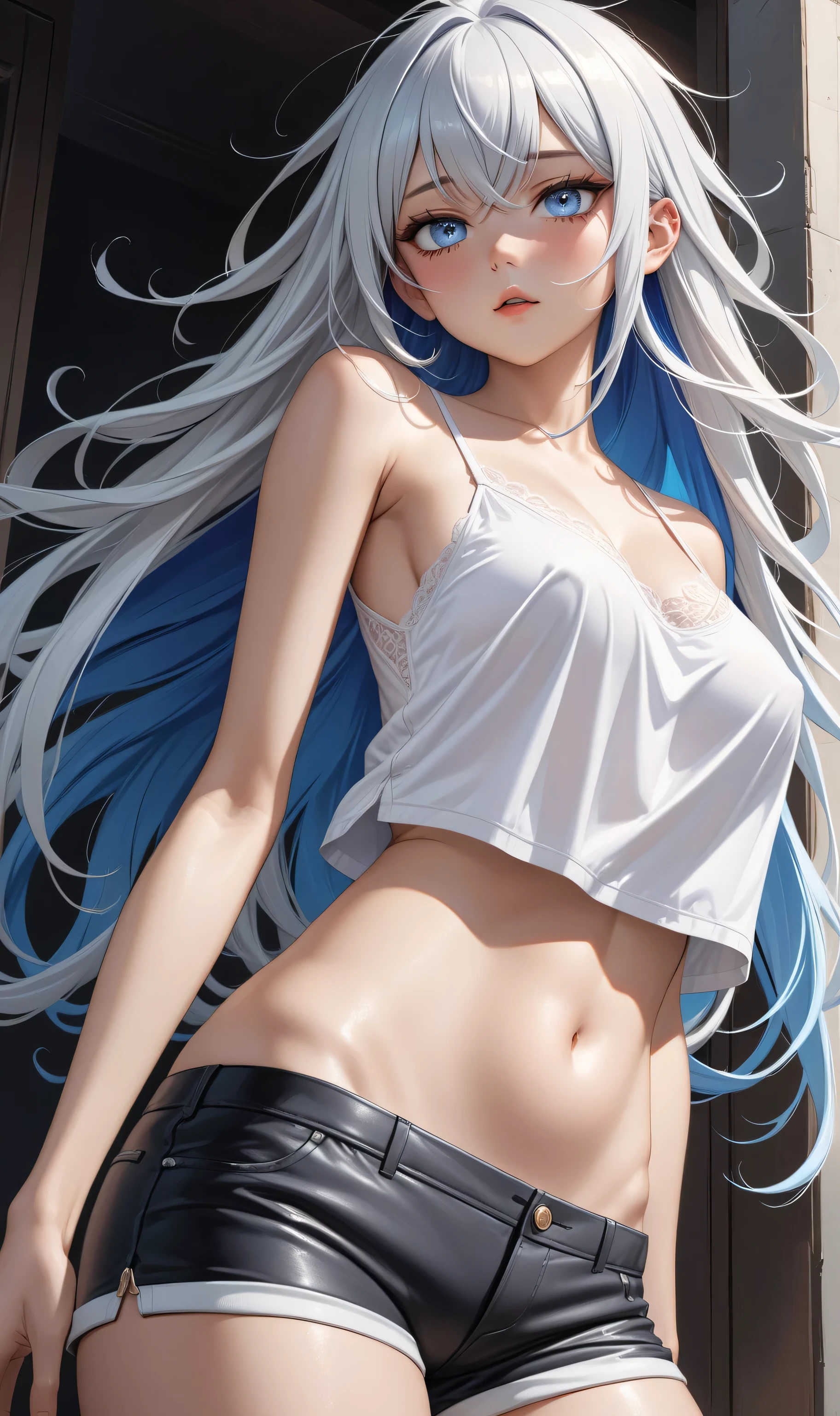 ((((masterpiece, best quality, high resolution)))), (1girl:1.5), ((long silky hair, silver hair, yellow eyes, sharp eyes)), (medium breasts:1.2), blush, (cheeky smile, parted lips), glow, thighs, bare shoulders, collarbone, narrow waist, (slender body figure), (beautiful detailed face, beautiful detailed eyes), ((sheer white crop top, shorts)), (standing up), looking at viewer, beach, (cowboy shot)