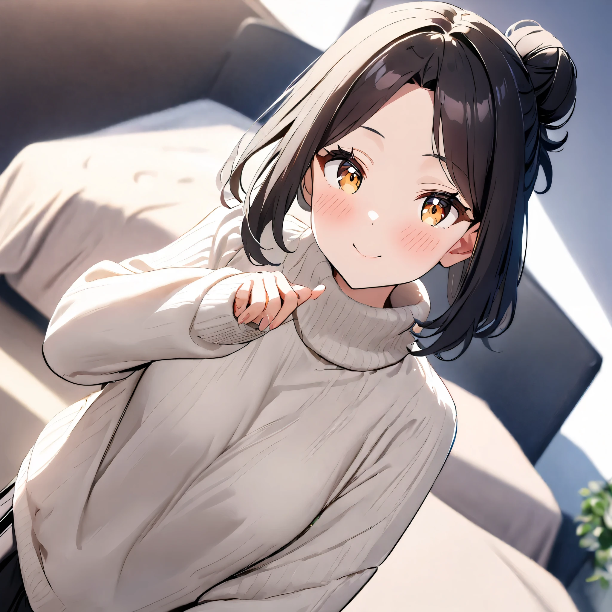 1girl, Solo, High Resolution, Looking at viewer, Breasts, Blush, High Resolution, Masterpiece, Anatomically Correct, Best Quality, High Details, HD, Textured Skin, Cute Pose, Dynamic Angle, Smile, Blush, Cute, Blurred Background, Close-Up, Ray Tracing, Reflection Light, Glowing Light, Bedroom's Hotel Background.
Black Hair, Parted Bangs, Single Hair Bun, Brown Eyes, White Oversized Sweater, Black Short Skirt