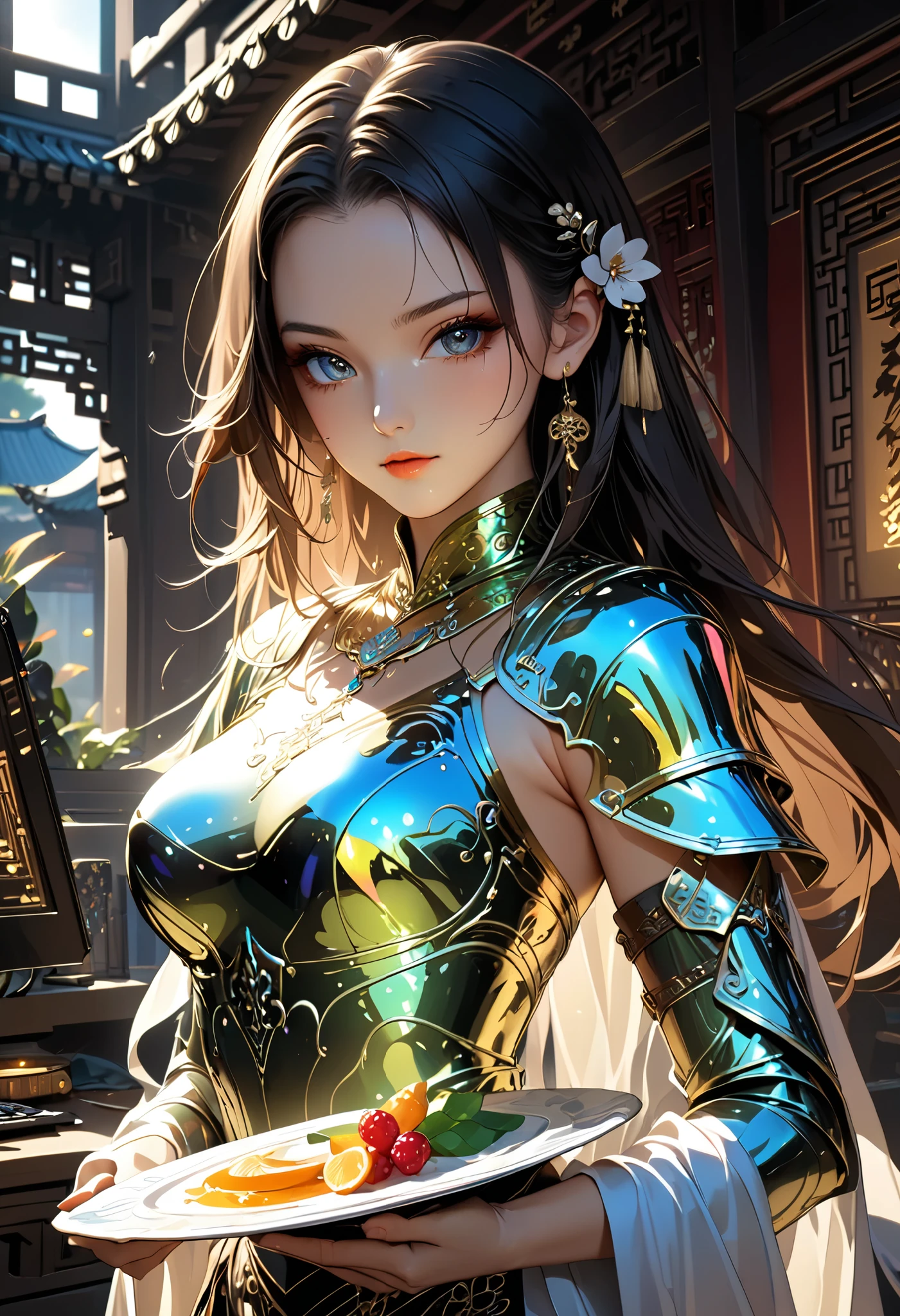 super detailed, absolute resolution , Masterpiece. Cool Beauty Amazoness, Shining, Lustrous, Silky Hair , Classical Chinese dance with , charming dark eyes , Aesthetic expression , Obscene and Stunning Body , Wear Plate Armor . computer game world background. Mr.々 iridescent effects , Very Delicate Depiction , very clear images , Bold and Dynamic , contrast between light and shadow , 2.5D, Artistic Pictures , women are super real