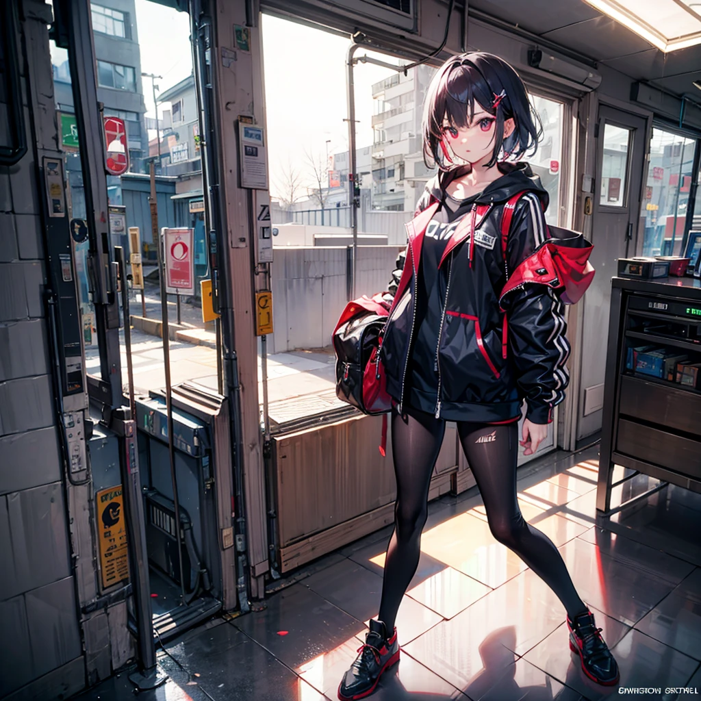 Korean goth girl with a edgy outfit, confidently posing outside a futuristic nuclear testing facility