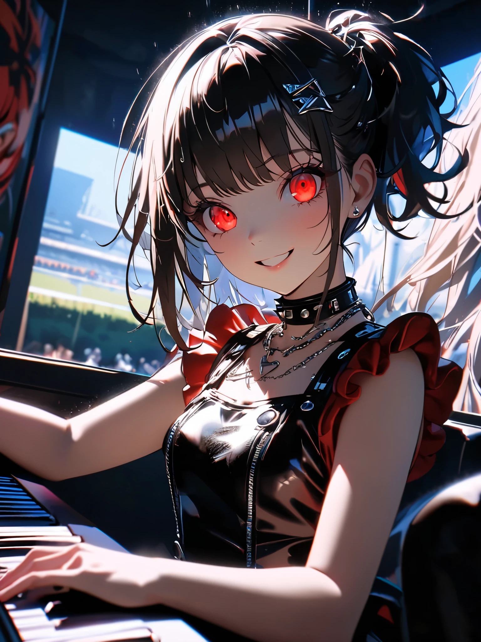 Anime girl with red eyes playing a piano in a room - SeaArt AI