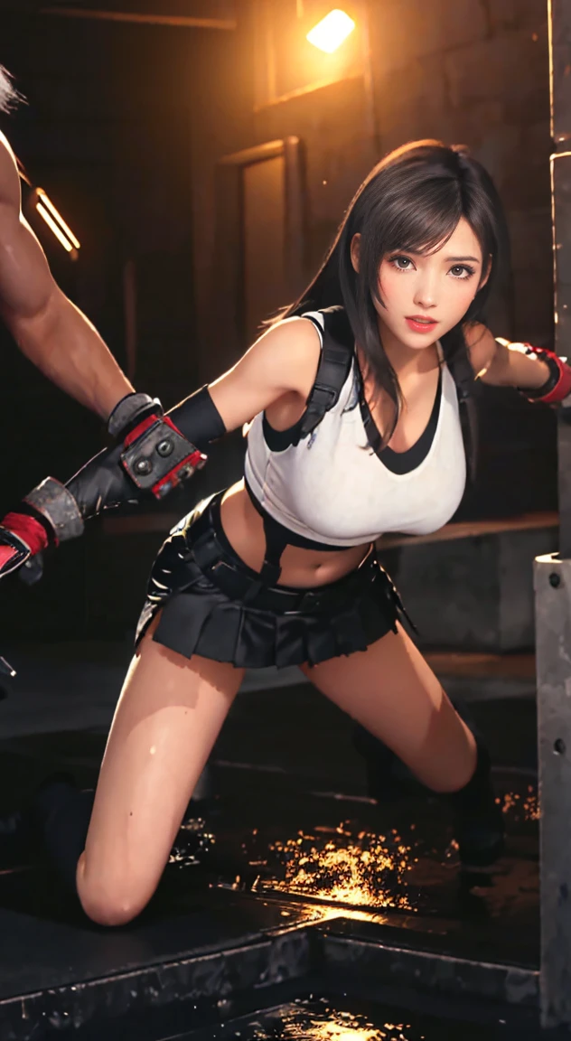 Tifa&#39;Long hair, ((Tifa fucks a man in cowgirl position:1.99)), (realistic, highest quality, High resolution, real women pictures:1.57), realistic, (15 year old girl=Tifa in cowgirl position:1.7), curved body, anatomically correct body, (black suspenders, black elbow gloves, white tank top:1.87), beautiful navel, (slender body shape:1.7), nostrils are not visible, (Tifa&#39;lower body exposed:1.97), nose too small, Tifa spreads her legs wide open and straddles a man in cowgirl position., thin waist, beautiful thighs, beautiful feet, (The penis is in the vagina:1.74), (The body is wet with lotion), Detailed depiction of the vagina, Beautiful girl has sex with a man, saddle, (normal limb:1.99), Tifa&#39;Her small face is beautiful, (Final Fantasy VII), (put your hands behind your head:1.5), (lips slightly open), Beautiful woman has sex with a man in cowgirl position, (15 year old Tifa:1.97), ((man exposes his penis:1.74)), Tifa has the cutest face, (Tank top is white:1.9)