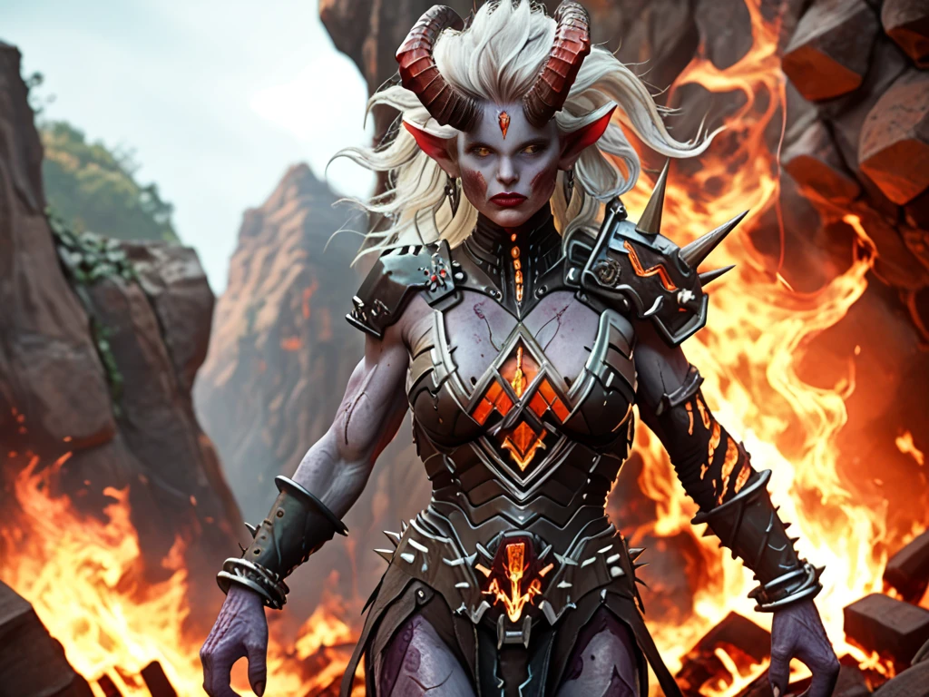 Woman between 30 years, strong, muscular, model, long hair, demonic smile, manic smile, afro hair, voluminous wavy hair, green hair, optimistic, smiling, cheerful, destructive, garish green hair, black detailed armor, warrior, black epic armor, black divine armor, black infernal armor, black devilish armor, red devilish armor, conan, womanizer, muscles, demonic horns, devil, demon