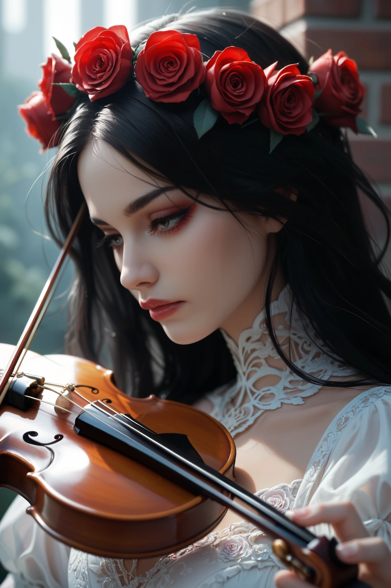 The girl long black hair, vampire, beautiful, white skin, red roses crown on the head, close the eyes, white dress, tatoo, violin, skull, side, hair close the eyes, sad, white Brick on the background