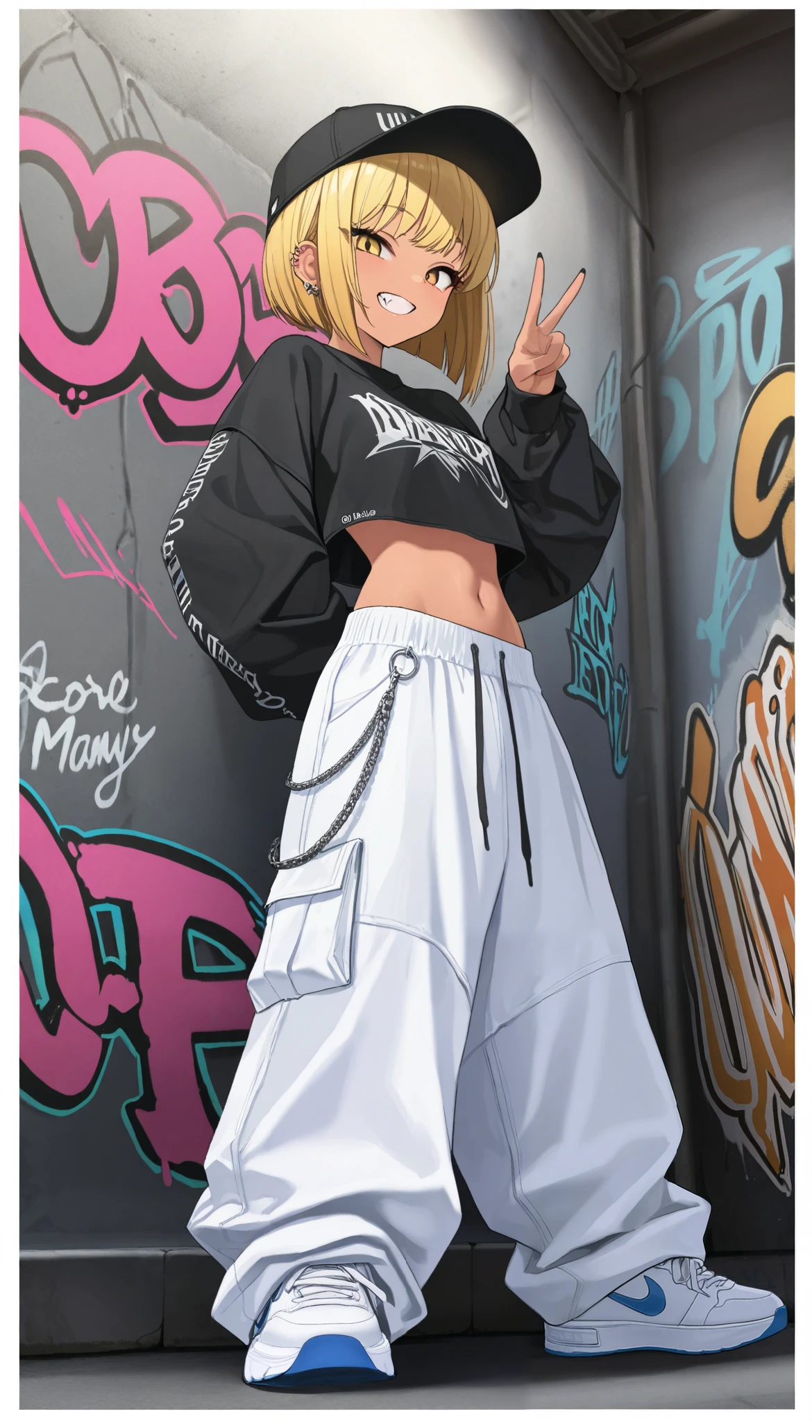(best quality, highest quality:1.2), masterpiece, top quality, ultra high definition, rich contrasts, HD,8k, High Definition CG Unit Wallpaper, texture , Unbelievably Absurd, ultra high definition, RAW photos ,Deep border 1 .2, very detailed, back alley, graffiti wall, ceiling, standing,
bimbo, cute, streetwear, oversized Lower pants, street style, sneakers, single V, There are many piercings, street cap,
glamorous, grin, fang, yellow eyes, blonde bob hair, tan,