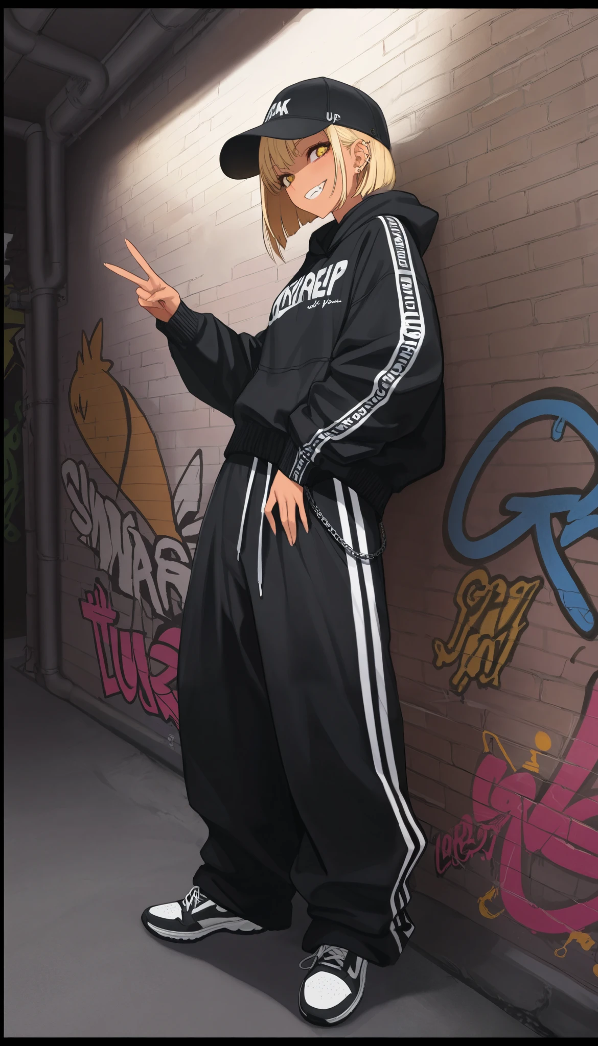 (best quality, highest quality:1.2), masterpiece, top quality, ultra high definition, rich contrasts, HD,8k, High Definition CG Unit Wallpaper, texture , Unbelievably Absurd, ultra high definition, RAW photos ,Deep border 1 .2, very detailed, back alley, graffiti wall, ceiling, standing,
bimbo, cute, streetwear, oversized Lower pants, street style, sneakers, single V, There are many piercings, street cap,
glamorous, grin, fang, yellow eyes, blonde bob hair, tan,