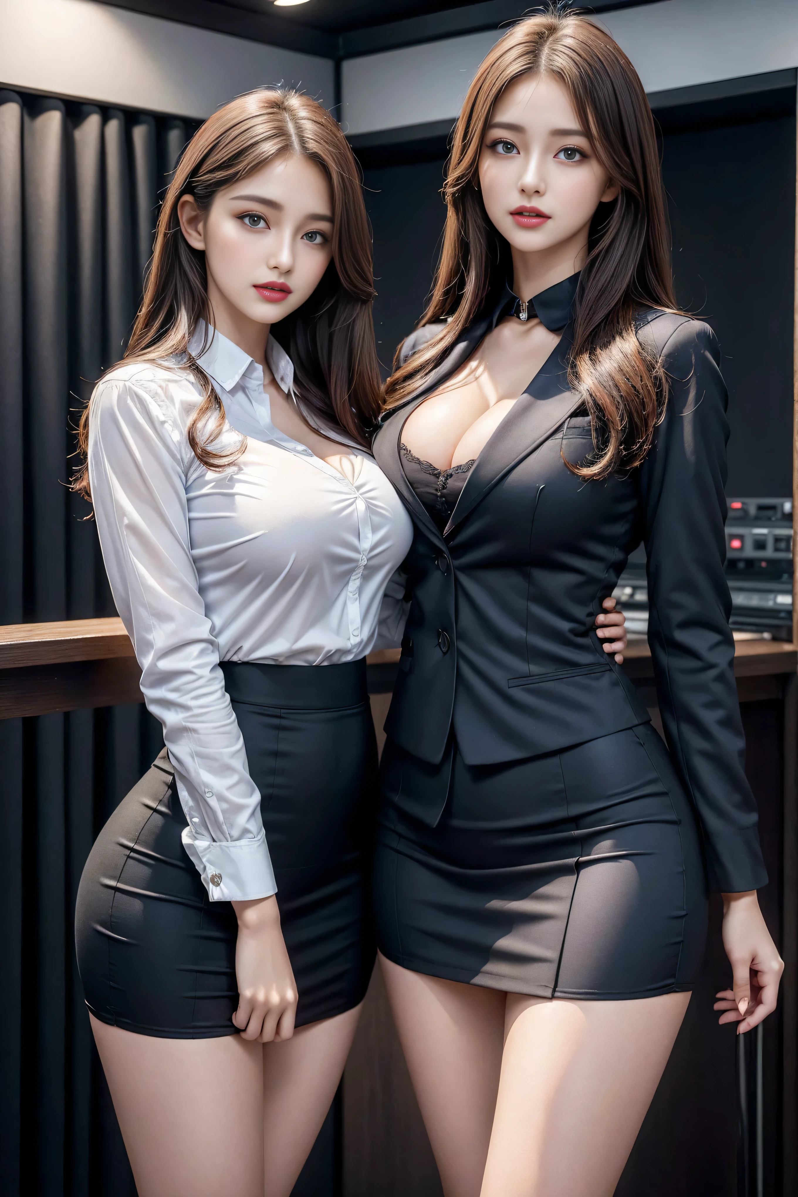 (3 girls), beautiful, Stunning face and eyes, Brown hair，cosmetic, (Extremely detailed beautiful face), (The sexiest look), (beautiful big breasts:1.1), (best quality:1.4), (Very detailed), (Extremely detailed CG unified 8k wallpaper), Very detailed, original photo, Professional photography, ((Business suit)), (tight skirt), (Open collar business shirt),in office，Large depth of field、