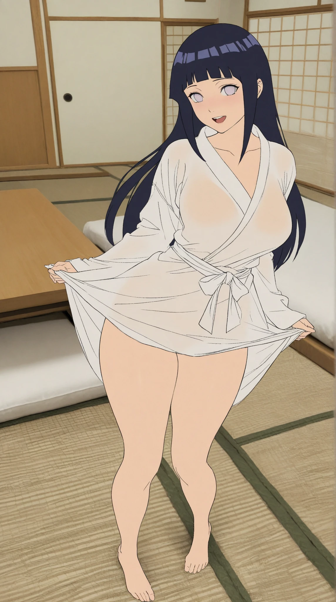 masterpiece,high quality,alone, looking at the viewer, smile, ((HitomiKisugi,full nude)), 1 girl, long hair,black hair,eyelash,brown eyes, off shoulder, sash,