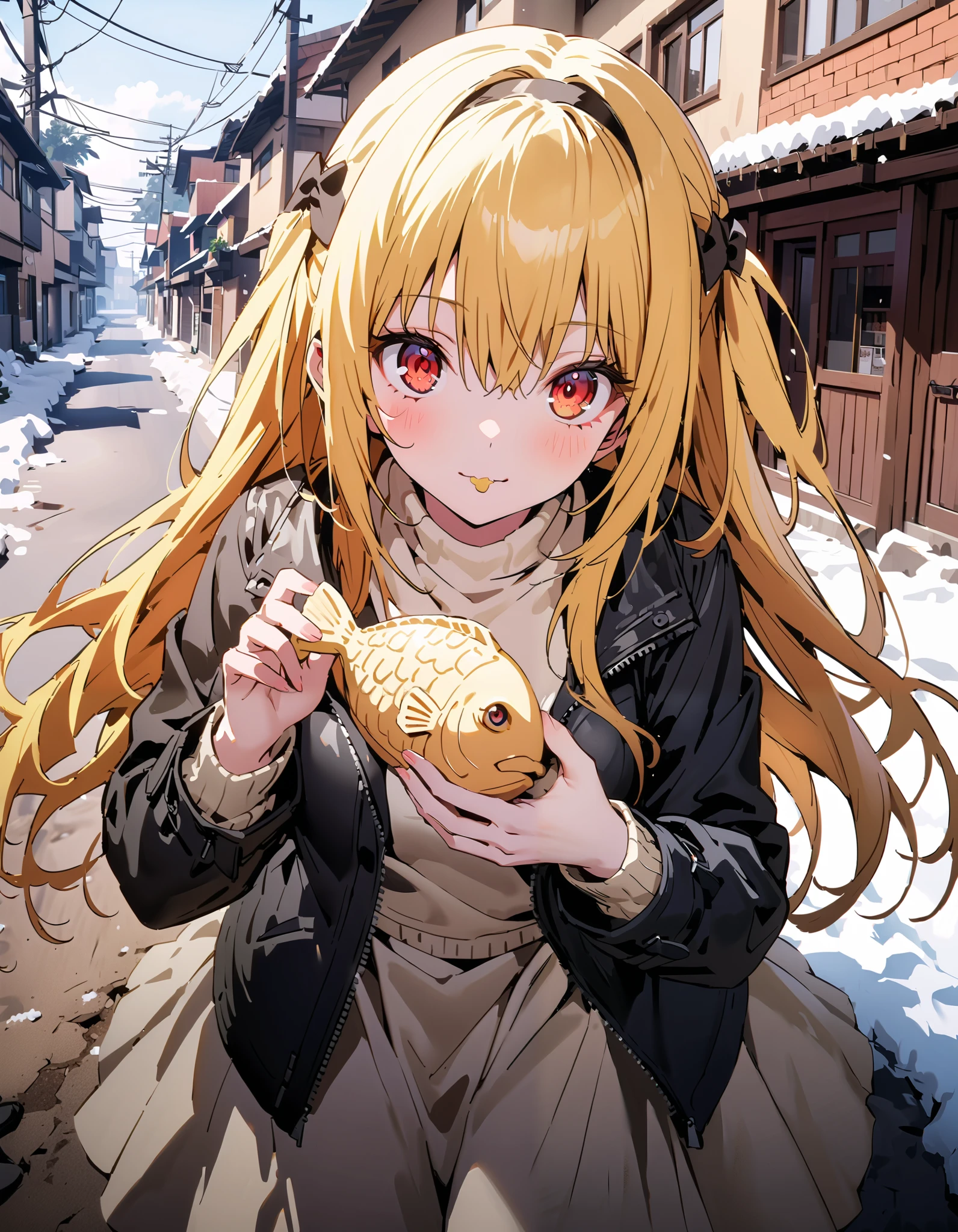 toloverudarkness, darkness, yellow hair, long hair, red eyes , Hair Ornament,White hair band ,White muffler, black down coat ,( sweater :1.2),( turtleneck:1.2), white long skirt, boots,Walking around eating with taiyaki in one hand,Eating taiyaki ,snow,whole bodyがイラストに入るように,
break outdoors, garden,
break looking at viewer,whole body,
break ( Masterpiece:1.2), top quality , kampala, Unity 8k Wallpaper,(shape:0.8),( fine, beautiful eyes :1.6),It's a person ,whole body写真,CG Details , ( perfect hands, Complete Anatomy),