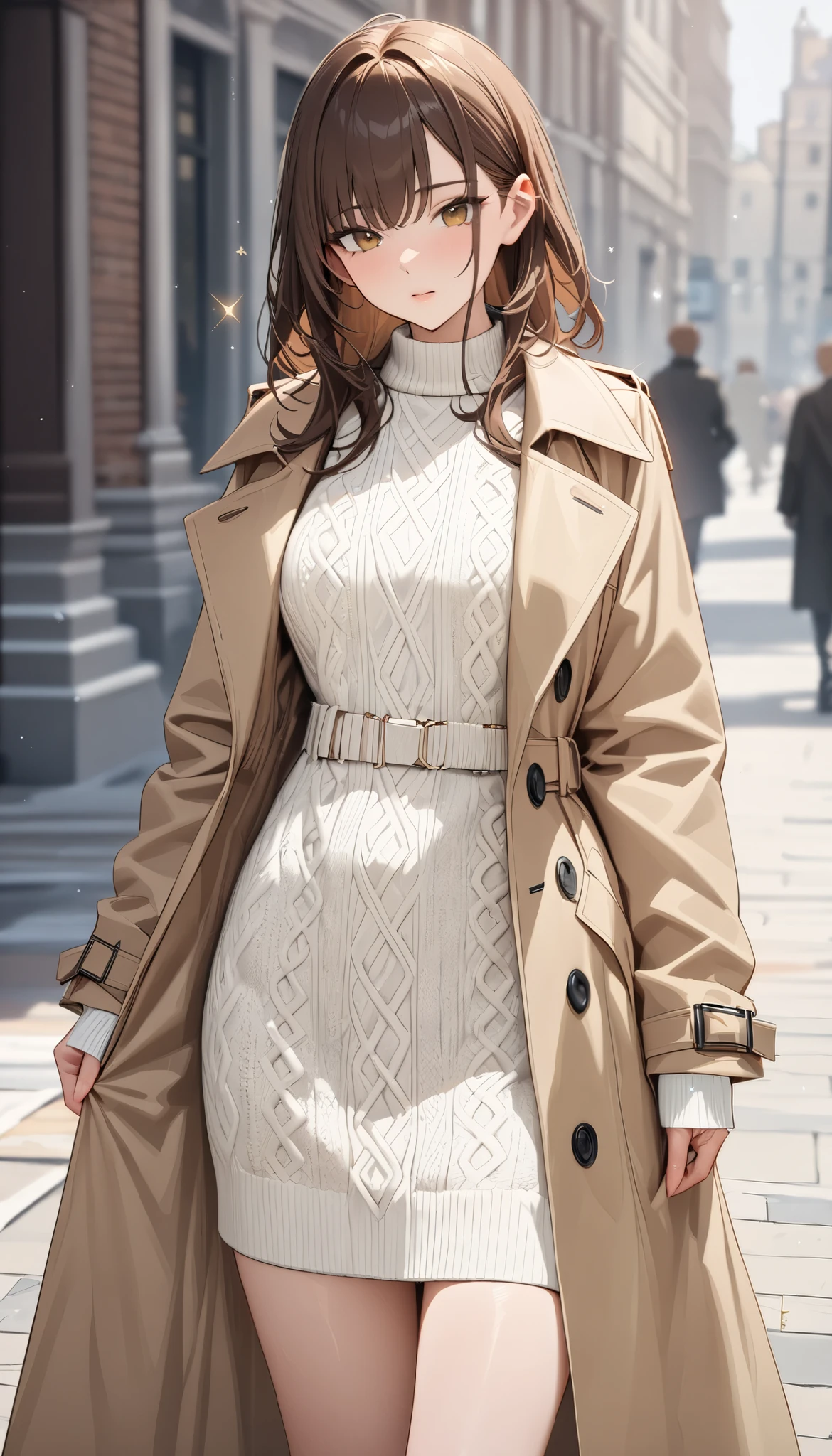 (Trench coat), outerwear, spring coat, long sleeves, long coat, long length, off-white color Wearing a knitted sweater as an inner layer, brown hair, hair behind ear, ribbon, sparkle, ((masterpiece)), UHD, (textured skin), accurate, ((super detail)), high quality, ((best quality))