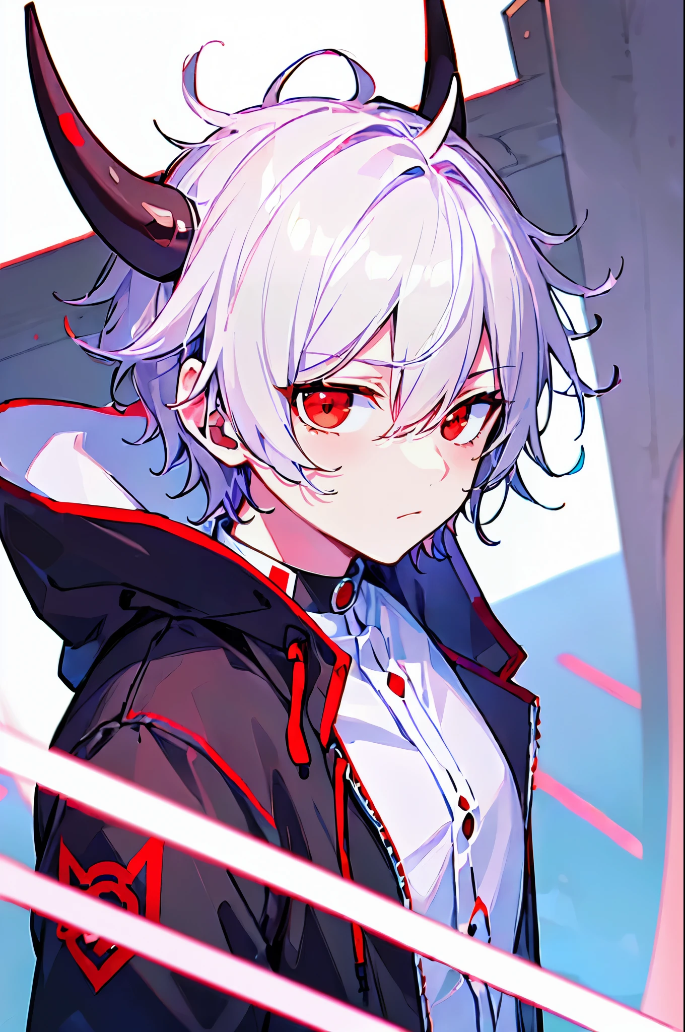[(WHITE BACKGROUND:1.5),::5], ((((masterpiece)))), high quality, ultra_very_high_resolution, large_filesize, full color, (((solo boy))), ((oni younger boy)), (((White short hair))), red eyes, anime, (upper body), (oni horn), neon light, black parka,
