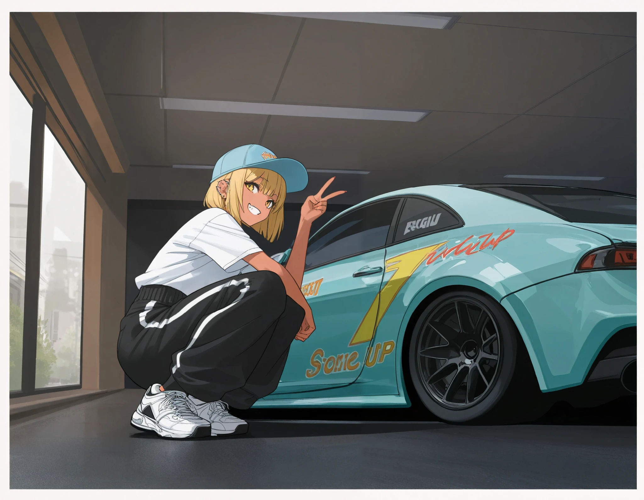 (best quality, highest quality:1.2), masterpiece, top quality, ultra high definition, rich contrasts, HD,8k, High Definition CG Unit Wallpaper, texture , Unbelievably Absurd, ultra high definition, RAW photos ,Deep border 1 .2, very detailed, 1girl, solo, stylish pose, ceiling, from side:1.2, squatting,
bimbo, cute, streetwear, oversized Lower pants, street style, sneakers, single V, There are many piercings, street cap,
glamorous, grin, fang, yellow eyes, blonde bob hair, tan, behind her a cars,