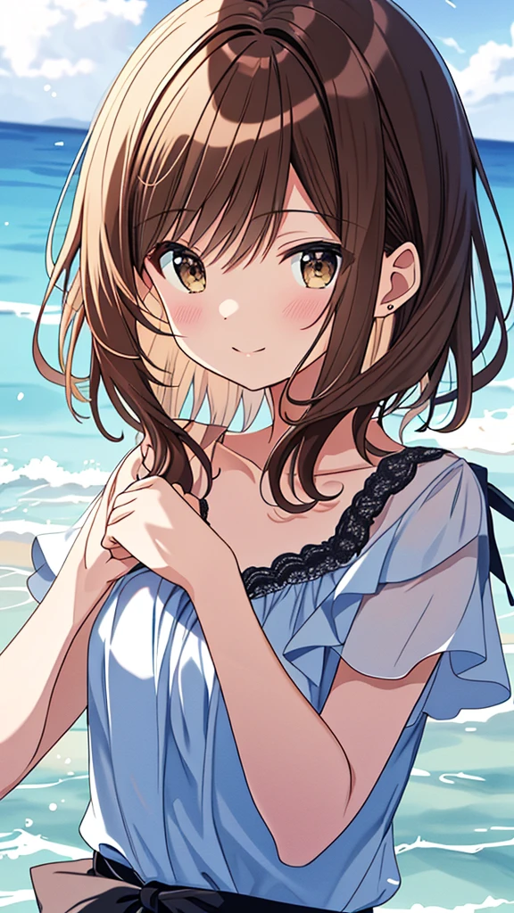 girl.Brown hair and hazel eyes.She wears a blue summer dress.Playing on the beach.