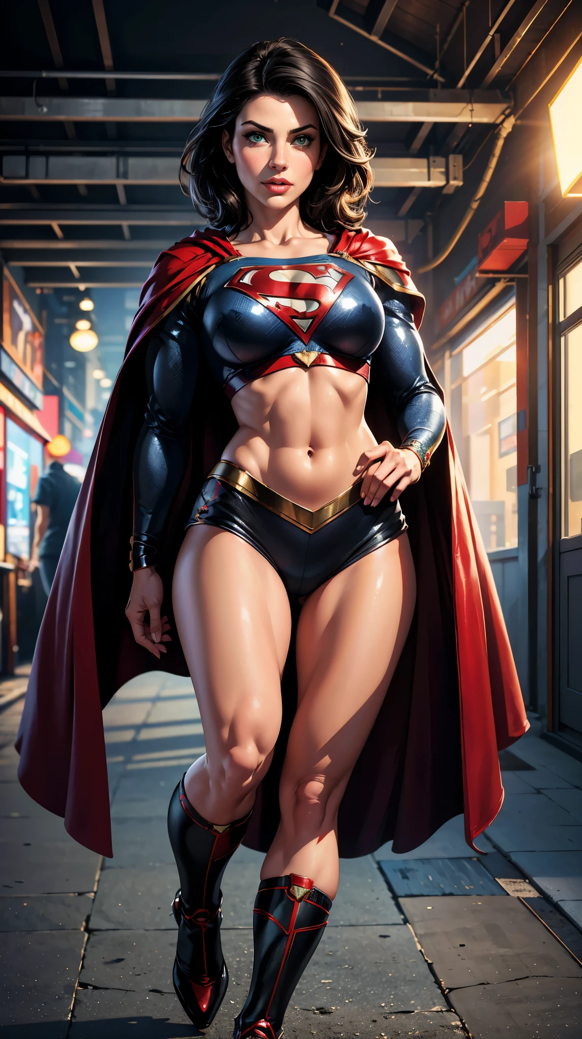NSFW (red bikini) (Supergirl ((human)) medium breasts, cameltoe) fully body, walking on a deserted beach