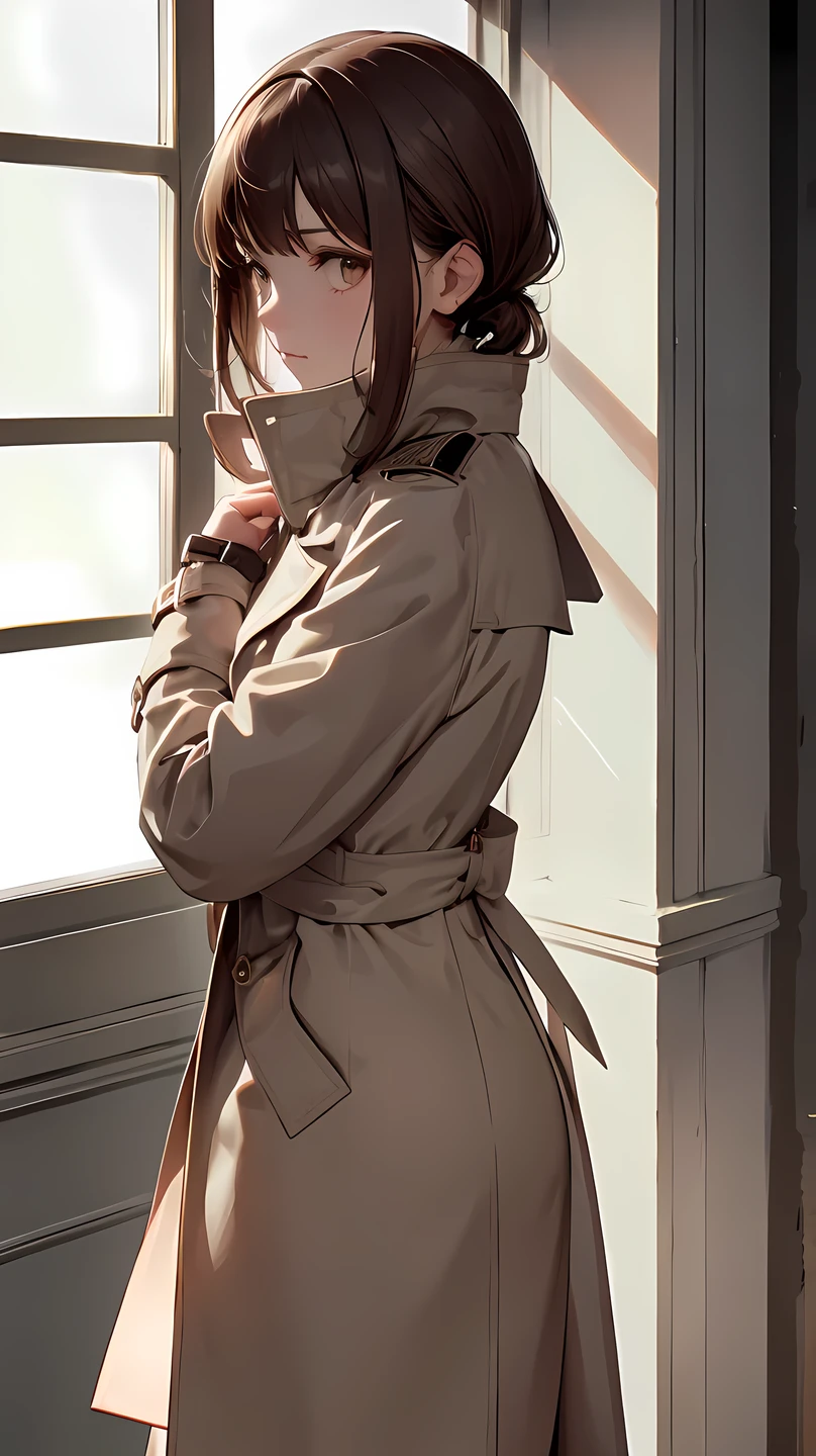 (Trench coat), outerwear, spring coat, long sleeves, long coat, long length, off-white color Wearing a knitted sweater as an inner layer, brown hair, hair behind ear, ribbon, sparkle, ((masterpiece)), UHD, (textured skin), accurate, ((super detail)), high quality, ((best quality))