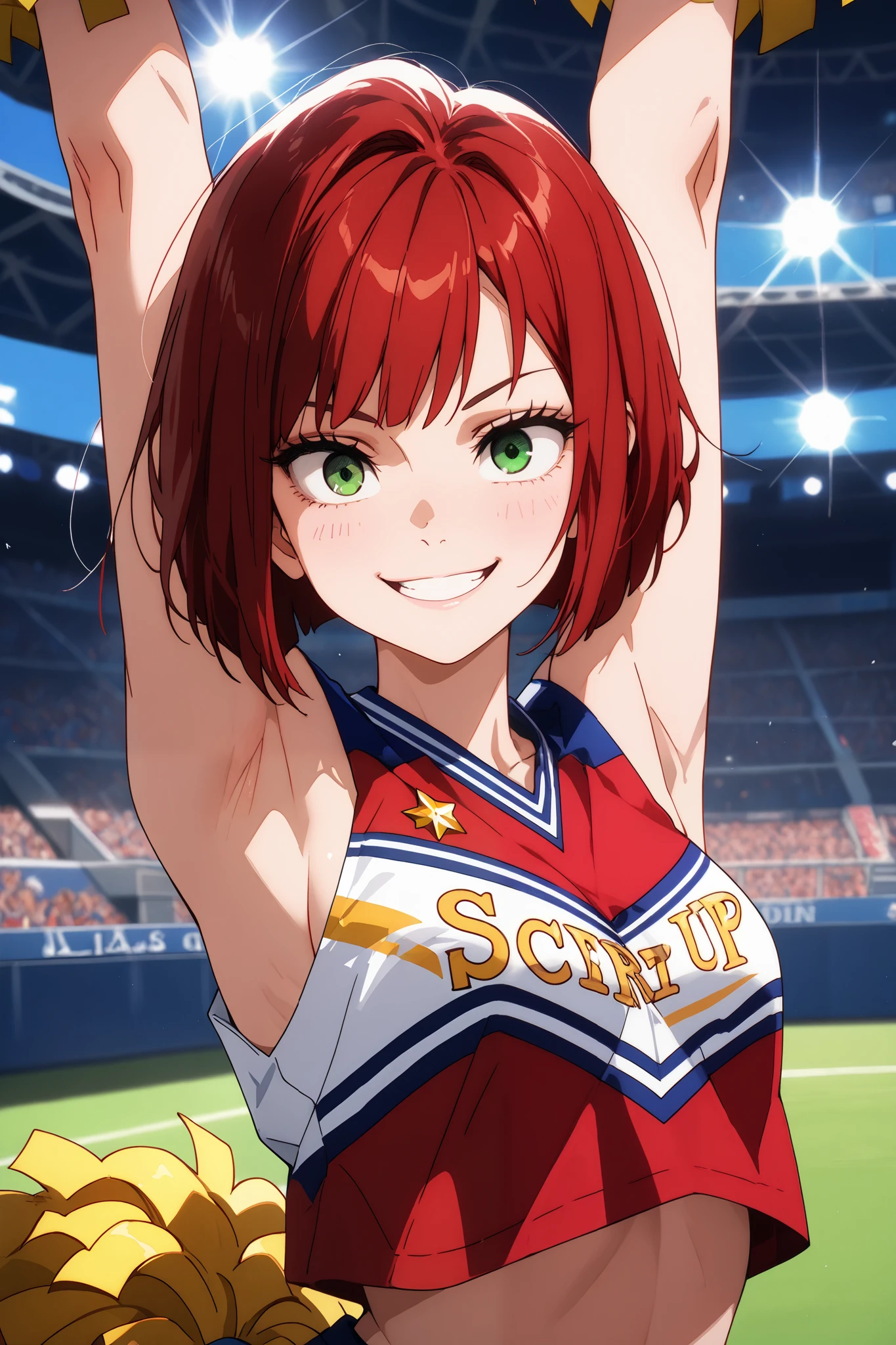 (masterpiece), best quality, expressive eyes, perfect face, bob haircut, 1girl, cheerleader, looking at viewer, anna Kendrick, intricated background, sexy cheerleader uniform, Golden and red, big smile, slim body, (perfect green eyes:0.8), (detailed eyes:1), SFW, action pose, at stadium