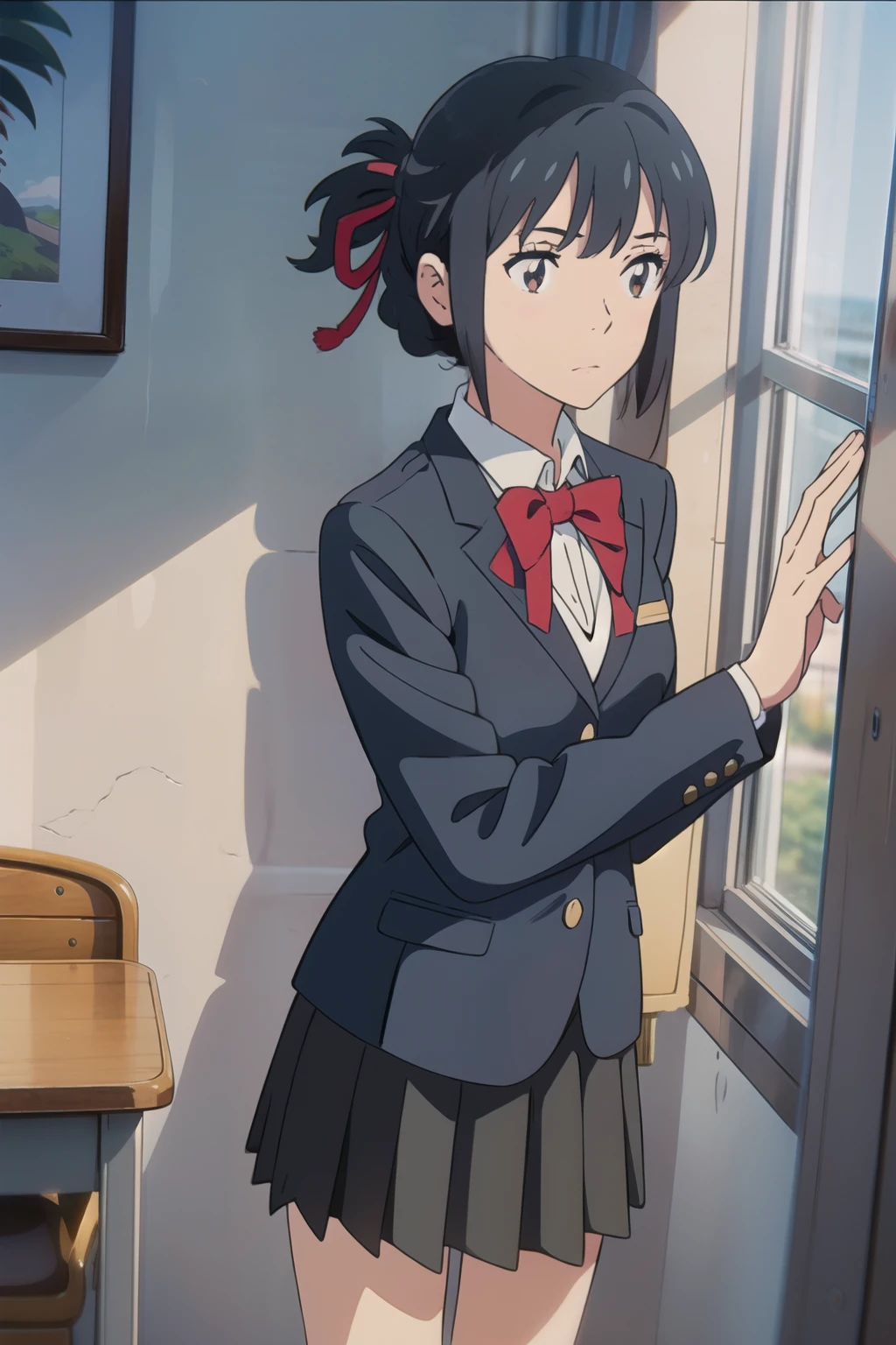 、ribbon、 bright room、black uniform blazer、Black uniform skirt、 facing here、