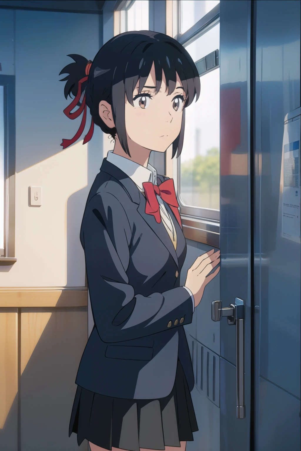 、ribbon、 bright room、black uniform blazer、Black uniform skirt、 facing here、