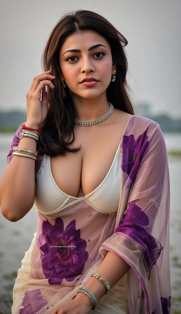 beautiful young maiden, standing in the rain, large breasts, long hair tied in a bun, wearing a bra and a transparent sarong, wearing heavy makeup, long eye lashes, eye mascara, wearing golden ornaments, long earrings, necklace, arm bands, bangles, nose ring and waist chain, wet clothes, worried look, snow capped mountains in the background