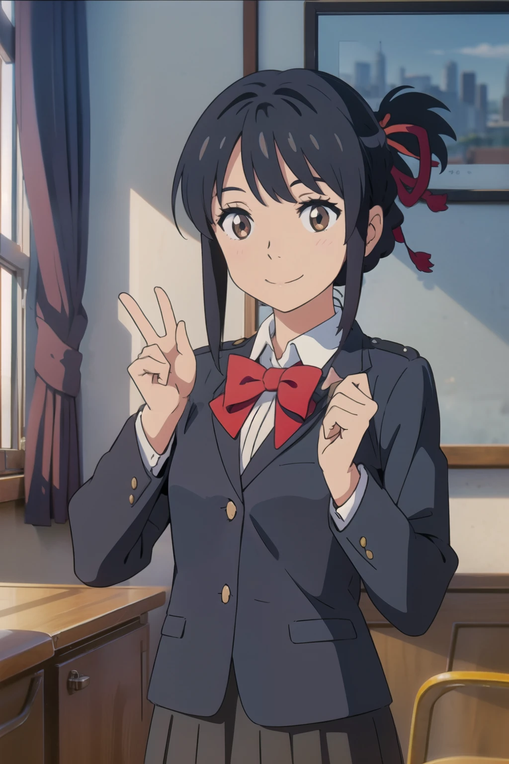 、ribbon、 bright room、black uniform blazer、Black uniform skirt、 facing here、smile、