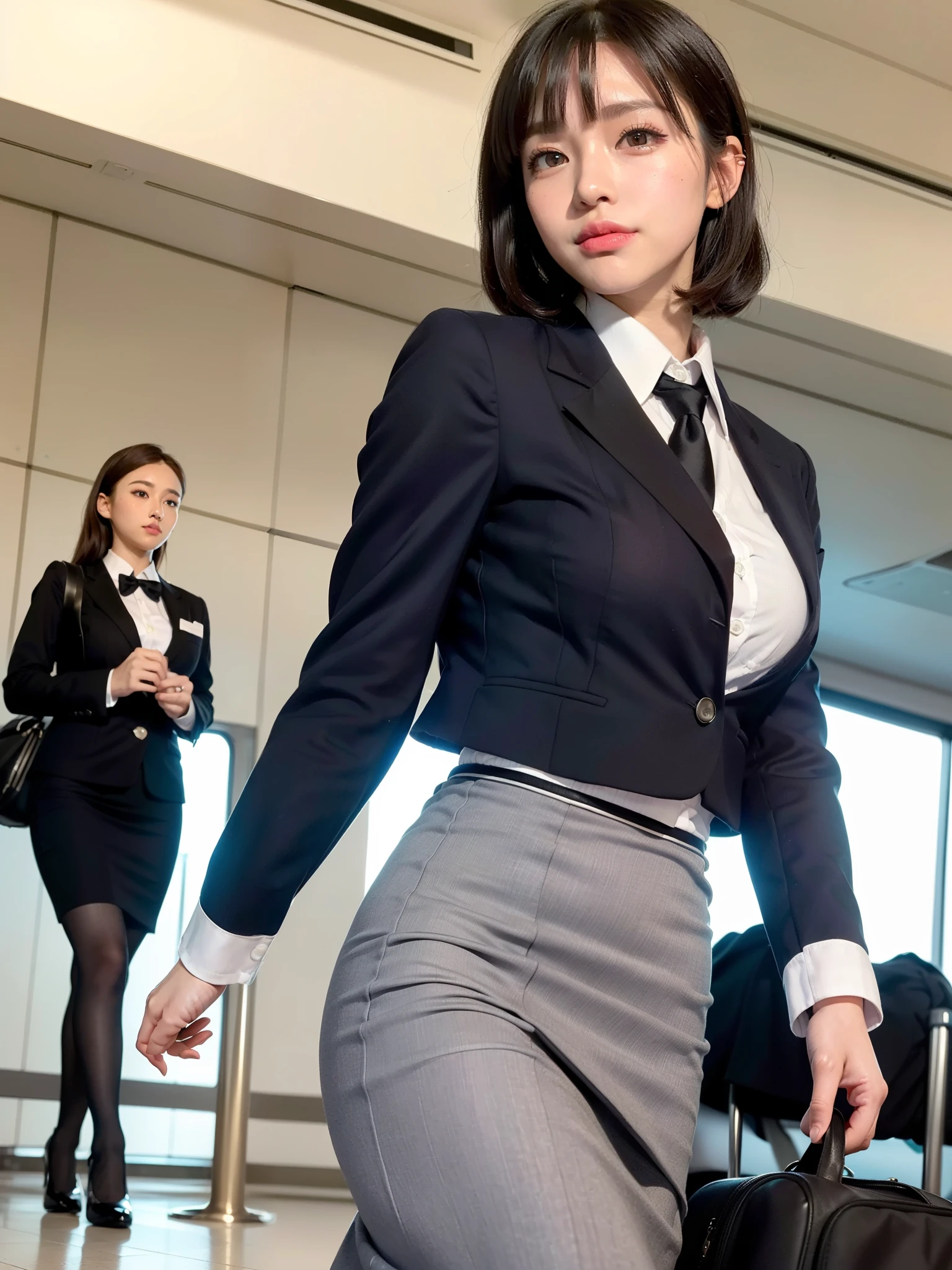 (((sexy crop dark blue flight attendant uniform with heels))) (((half body three girl foto))), detailed skin, ((asia white skin color)), detailed skin, big breasts, slim body, gigantic breasts, Slim Waist, 4K resolution,((pursed lips)) (((short hair BLACK silky bangs thick hairstyle))) ((white skin)) ((extremely detailed face)) ((extremely detailed eyes)) (((sexy body pose))) ((outdoor background at luxury plane, passangers etc)) (((looked on camera))) look camera, ((sixpack woman)) ((model posture)), face extremely detailed, full body color photo of a 22 y.o girl, beautiful face, beautiful eyes, ((skin details, high texture)), hand fix, finger fix, nails fix, realistic hand wrinkles, realistic eyes, octane render, simetris eyes.
