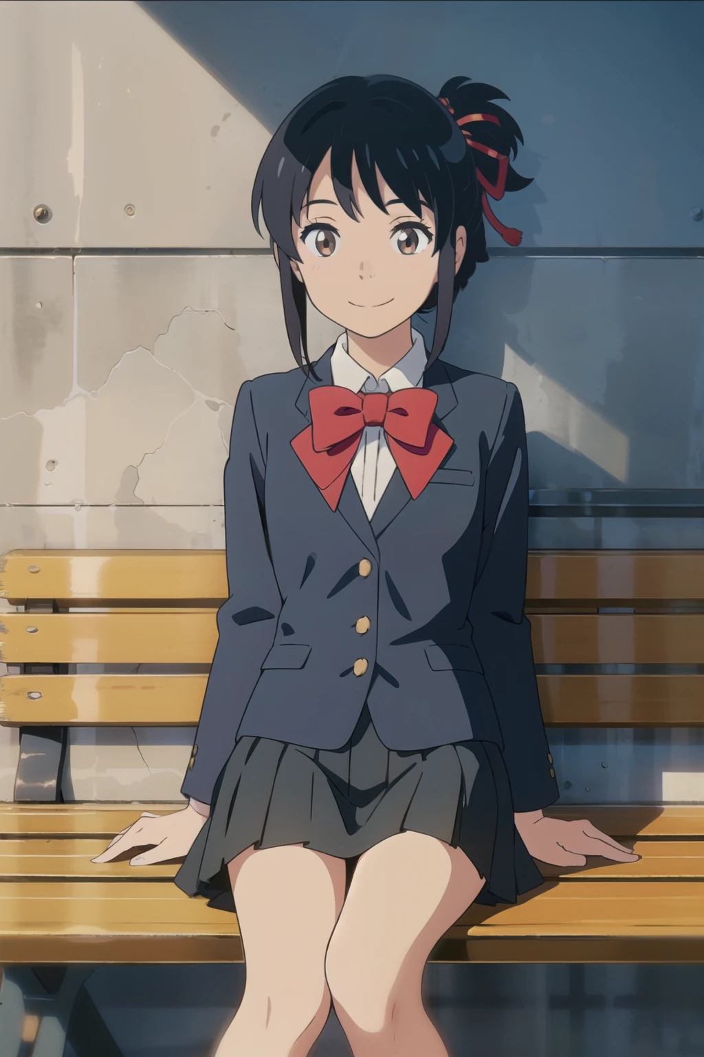 、ribbon、 park bench、black uniform blazer、Black uniform skirt、 facing here、smile、
