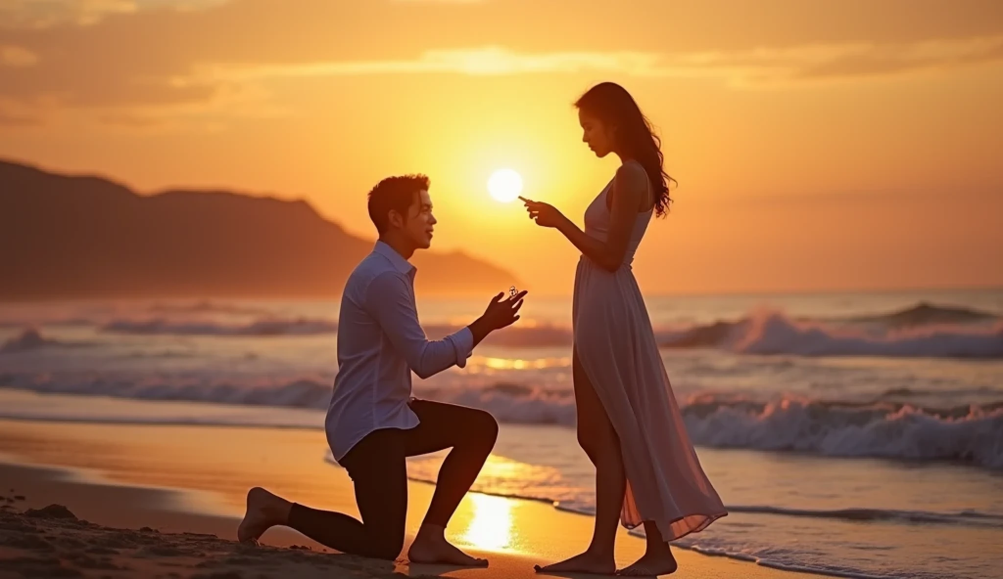 Realistic image of a blonde woman with blue eyes and her boyfriend, a man with curly brown hair, proposing to her on the beach in the sun