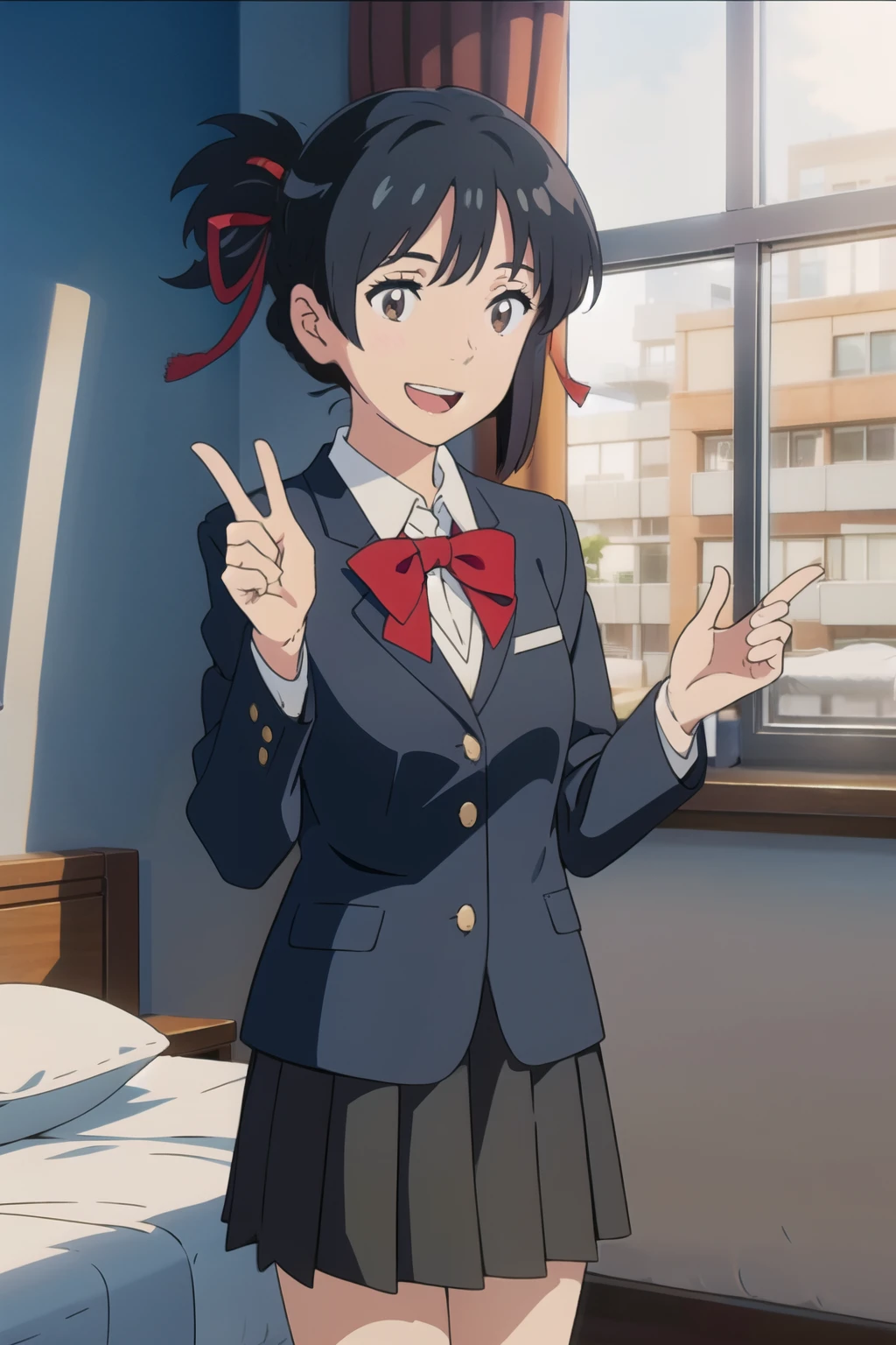  、ribbon、 hotel bed、black uniform blazer、Black uniform skirt、 facing here、 is laughing、

