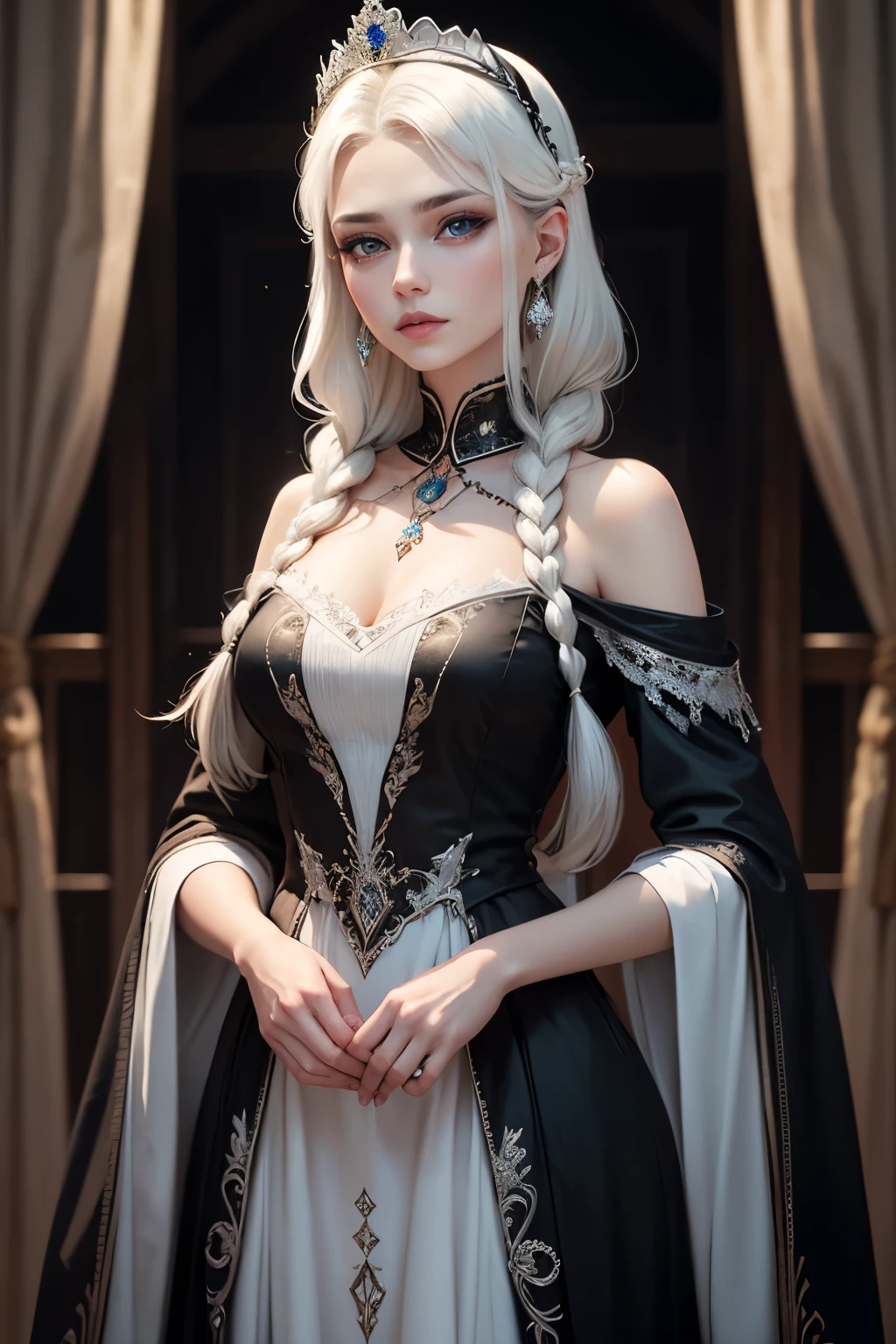 Uma princesa de 25 anos Cabelos Negros, Olhos Esmeralda Profundos, Pale, Immaculate Complexion, Estatura Altiva, Royal Clothing Highlighting Elegance, Meaningful Jewelry Determined and Kind Expression