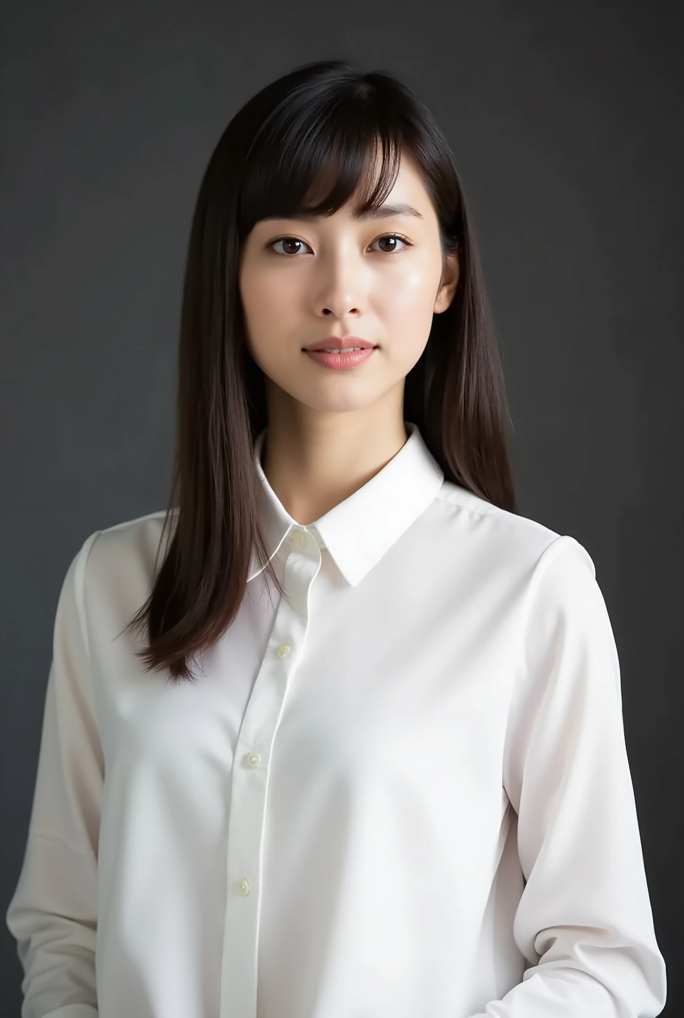 Create a stunning portrait of a very beautiful Japanese actress. She is wearing an elegant white blouse and has a slim figure with a small bust. The setting is a professional photography studio, where she stands confidently. The lighting is cinematic, enhancing her features and creating a bright, clean look, as if shot with a white reflector. Her medium-length hair is styled neatly, adding to her refined appearance. The overall image should be luminous and visually striking, capturing the essence of a high-quality, film-like photograph.